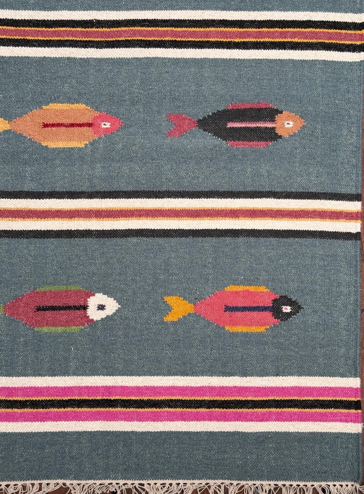 6×9 ft Handwoven Kilim Rug: Wool Geometric Flatweave Fish Design
