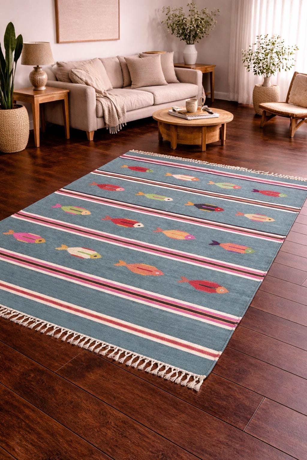 6×9 ft Handwoven Kilim Rug: Wool Geometric Flatweave Fish Design