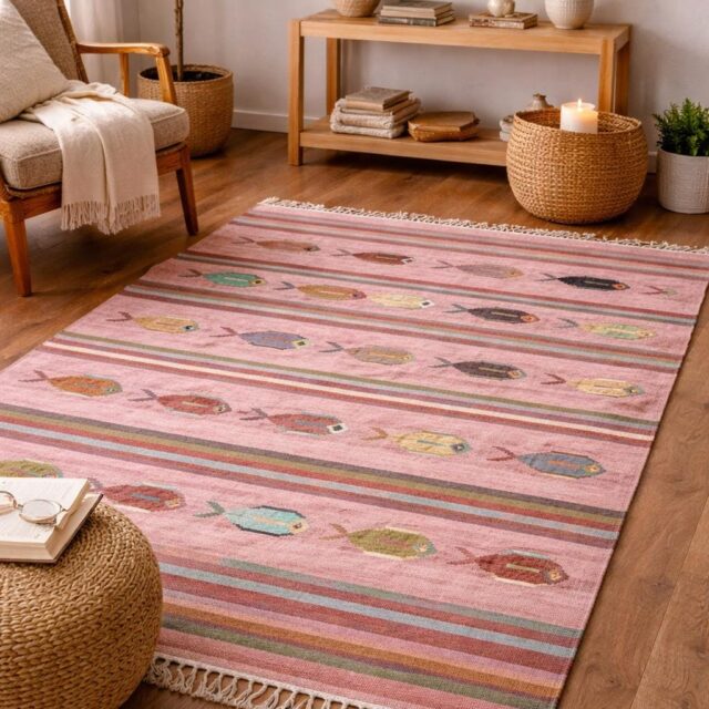 6×9 ft Handwoven Kilim Rug: Wool Geometric Flatweave Fish Design