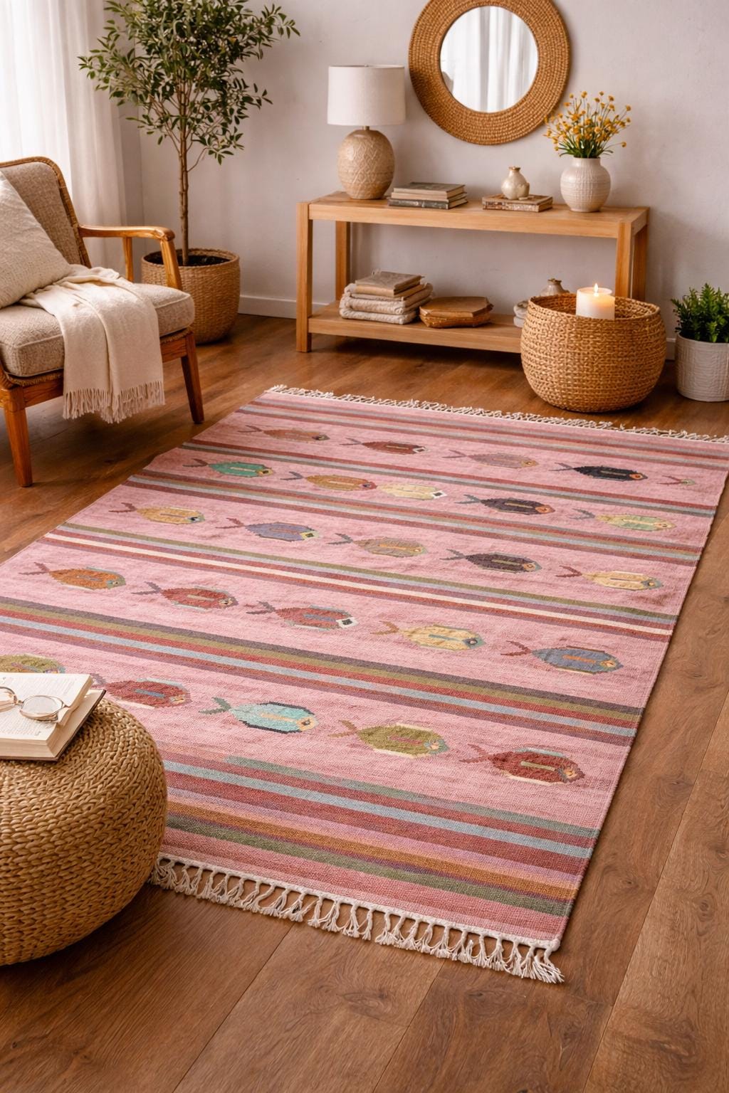 6×9 ft Handwoven Kilim Rug: Wool Geometric Flatweave Fish Design