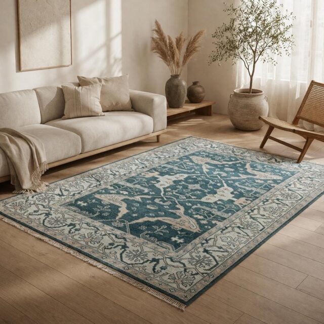 6×9 ft Oushak Hand Knotted Rug: Bohemian Wool Carpet