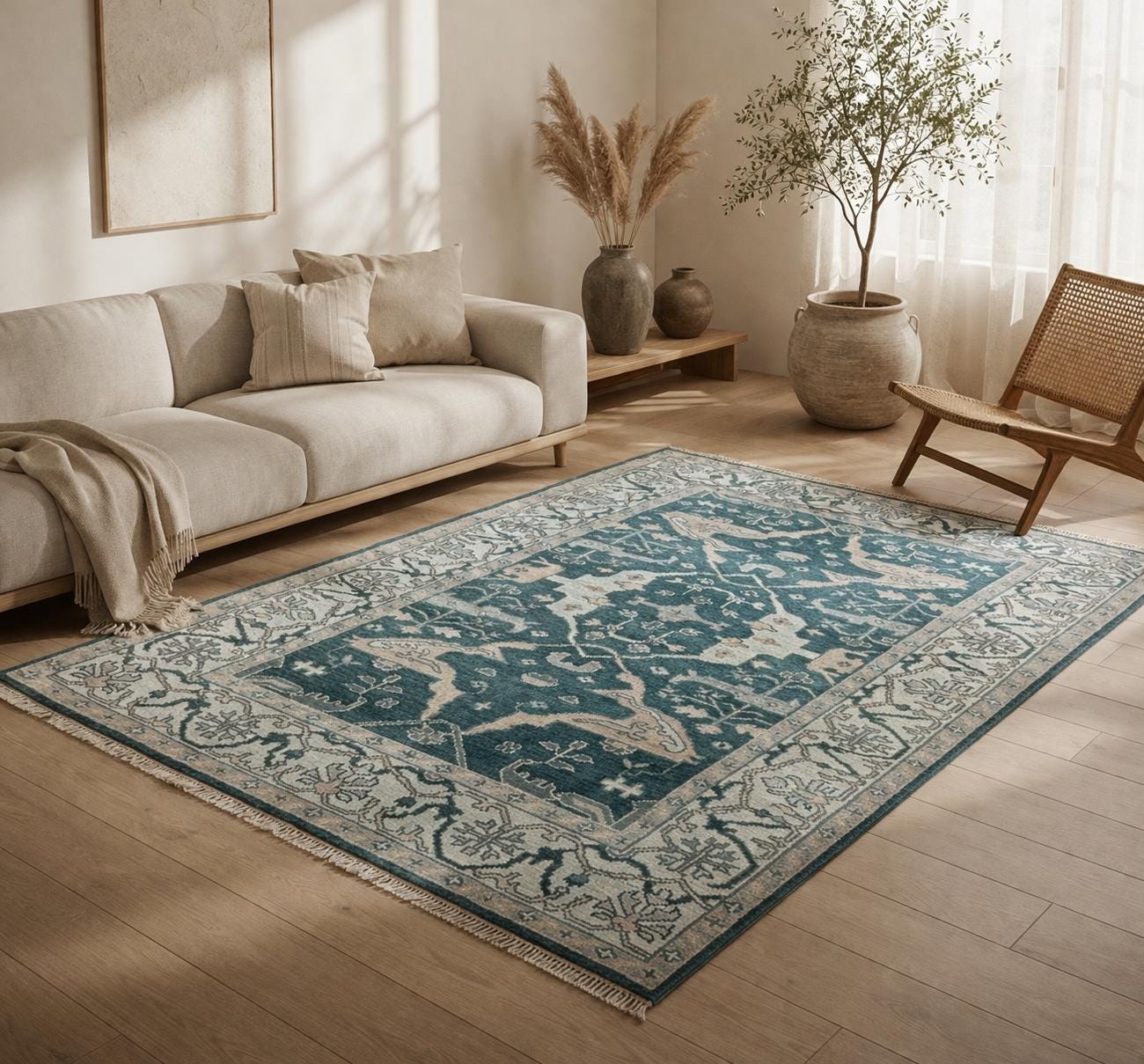 6×9 ft Oushak Hand Knotted Rug: Bohemian Wool Carpet