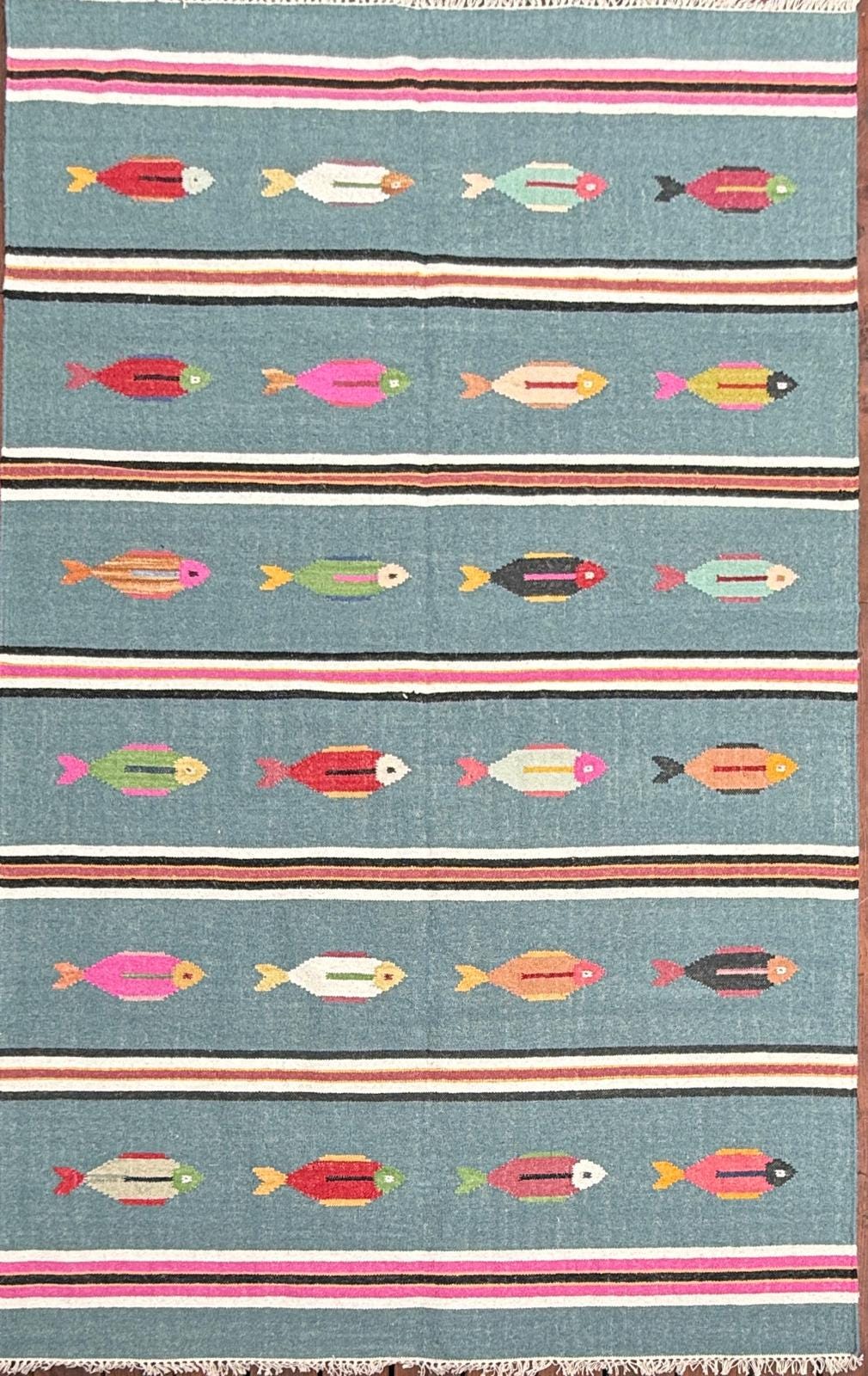 6×9 ft Handwoven Kilim Rug: Wool Geometric Flatweave Fish Design