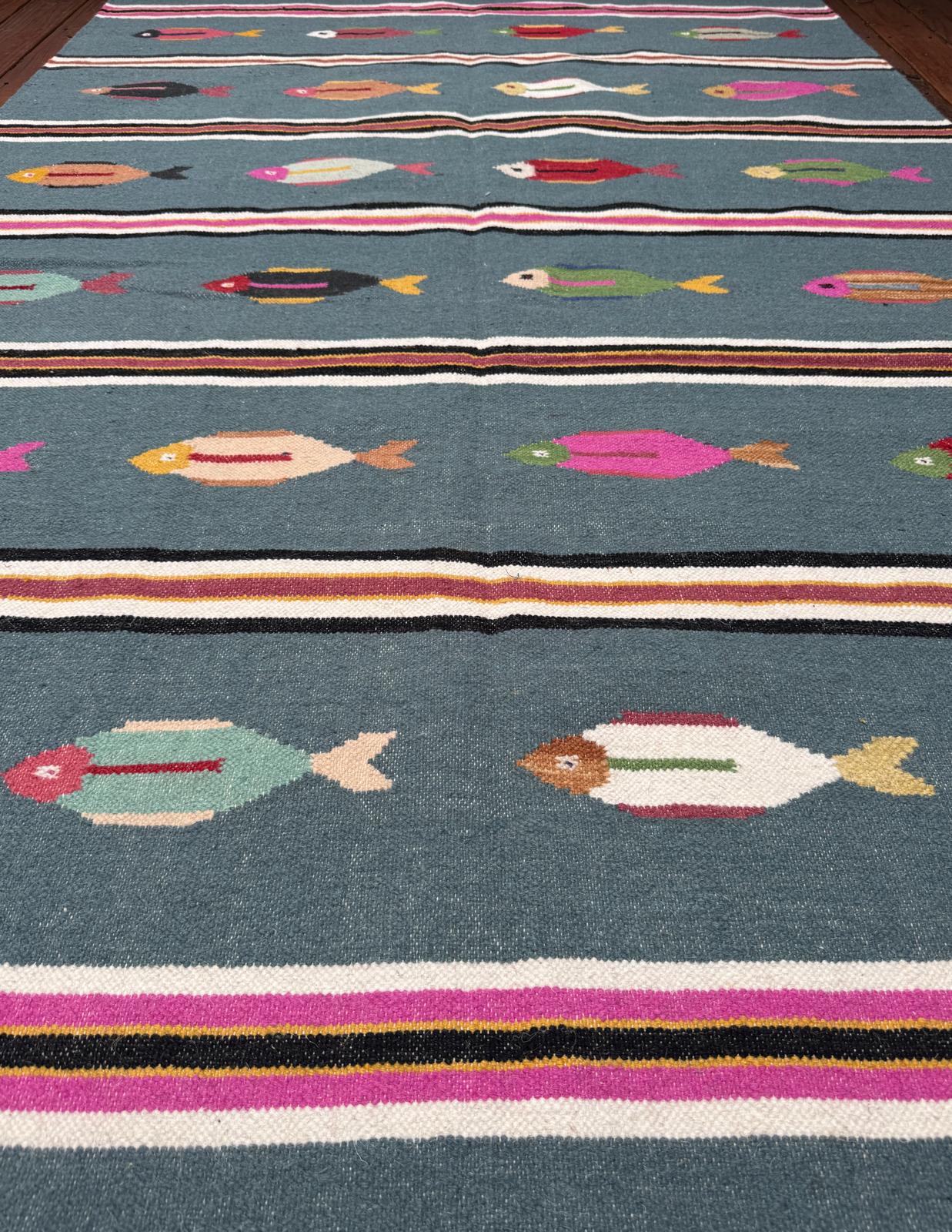 6×9 ft Handwoven Kilim Rug: Wool Geometric Flatweave Fish Design