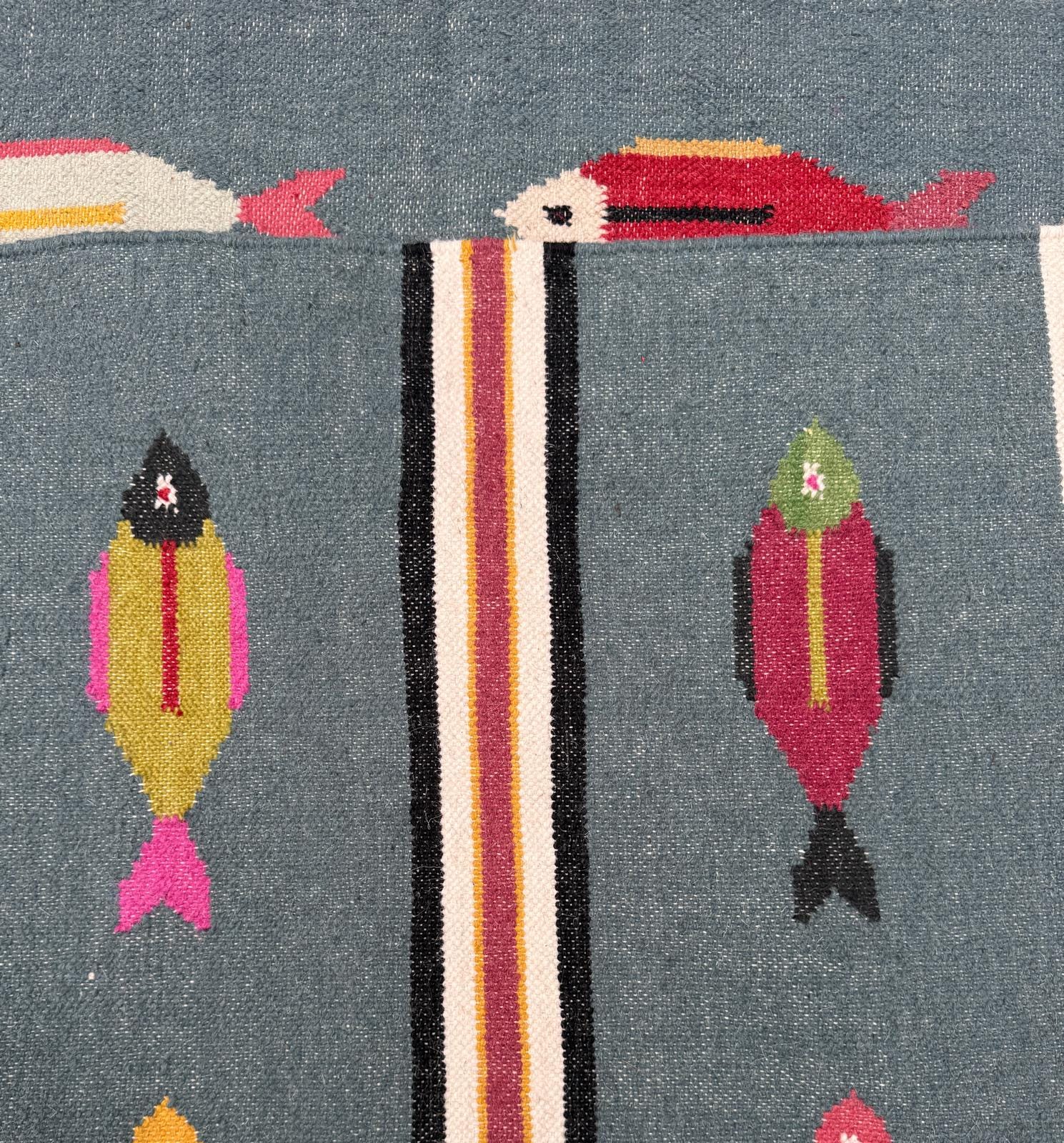 6×9 ft Handwoven Kilim Rug: Wool Geometric Flatweave Fish Design
