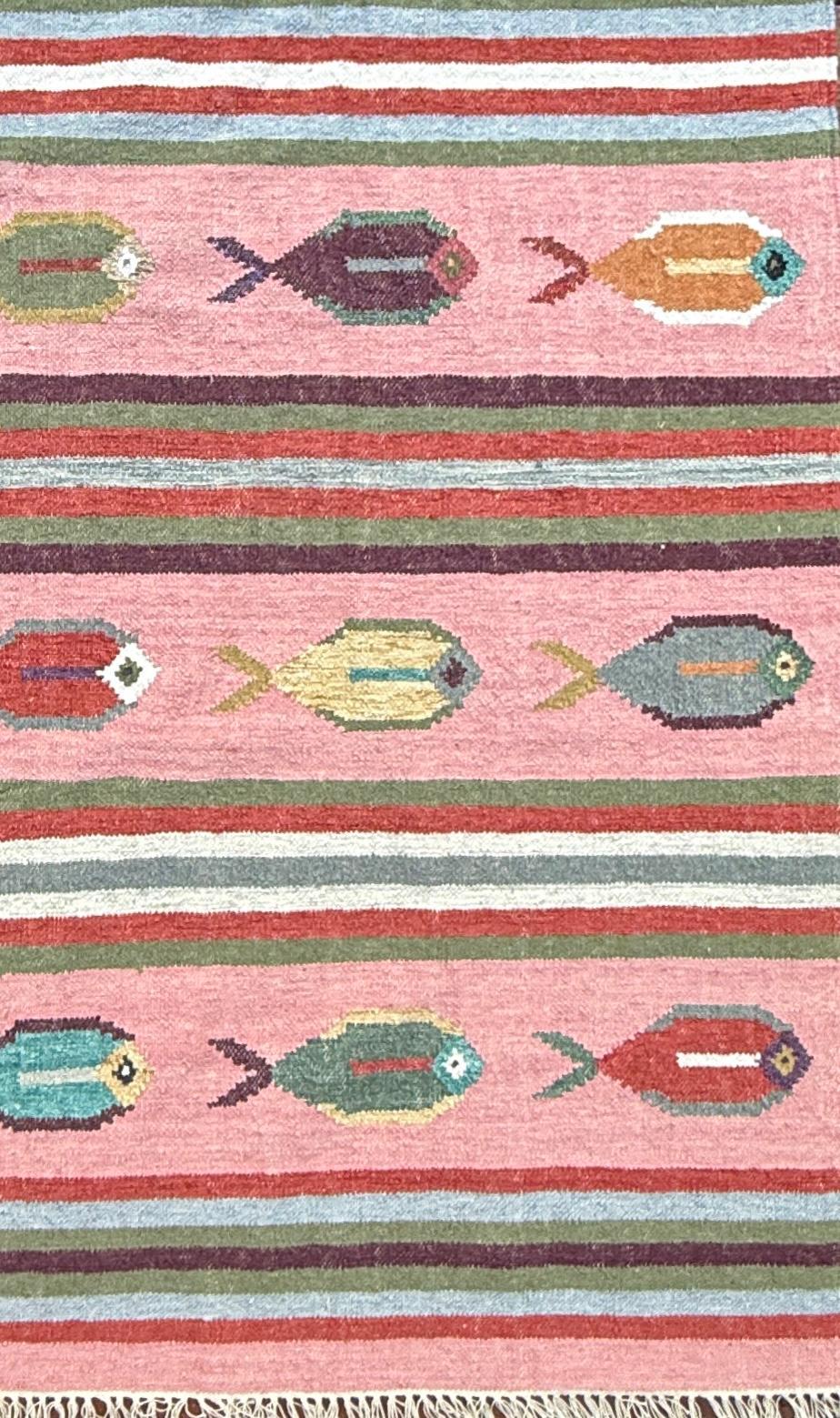 6×9 ft Handwoven Kilim Rug: Wool Geometric Flatweave Fish Design