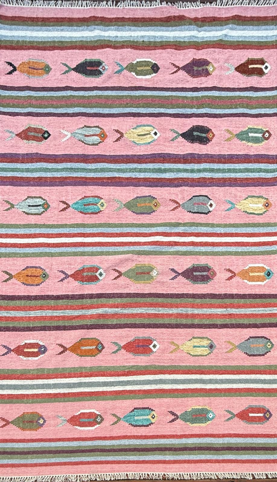 6×9 ft Handwoven Kilim Rug: Wool Geometric Flatweave Fish Design