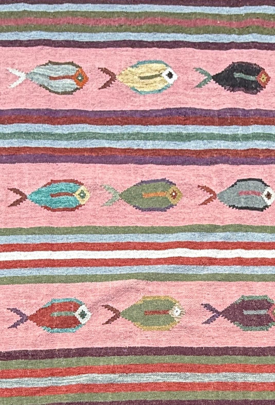 6×9 ft Handwoven Kilim Rug: Wool Geometric Flatweave Fish Design