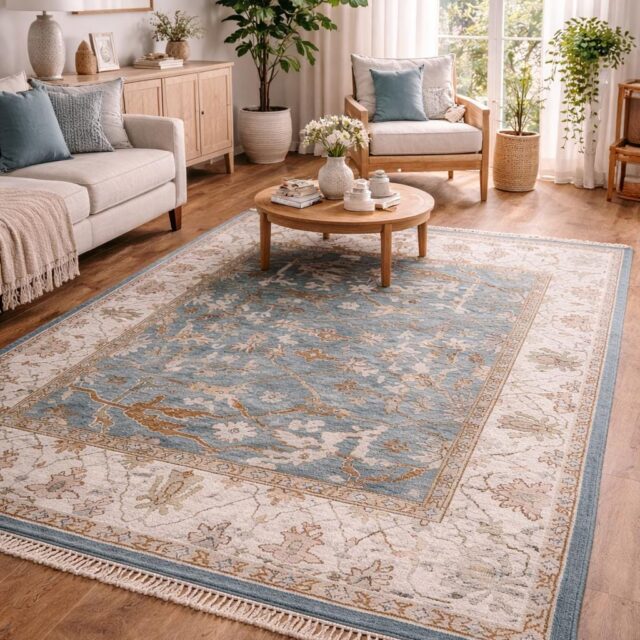 8 x 10 ft Hand-Knotted Oushak Rug: Multicolored Wool Bohemian Carpet