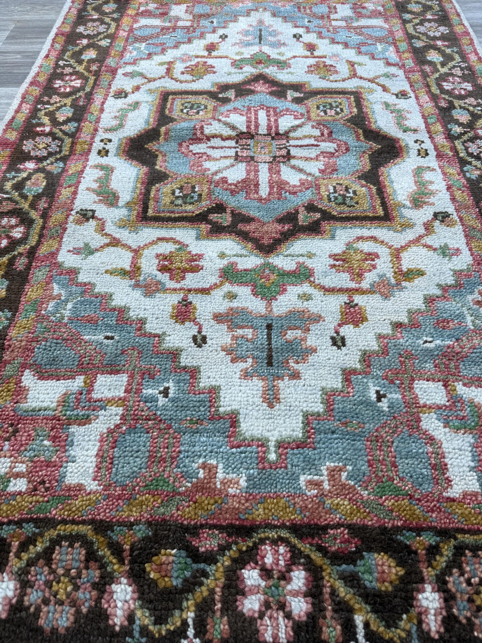 4×6 ft. Oushak Geometrical Rug: Village Made Wool Carpet Hand Knotted Bohemian Style