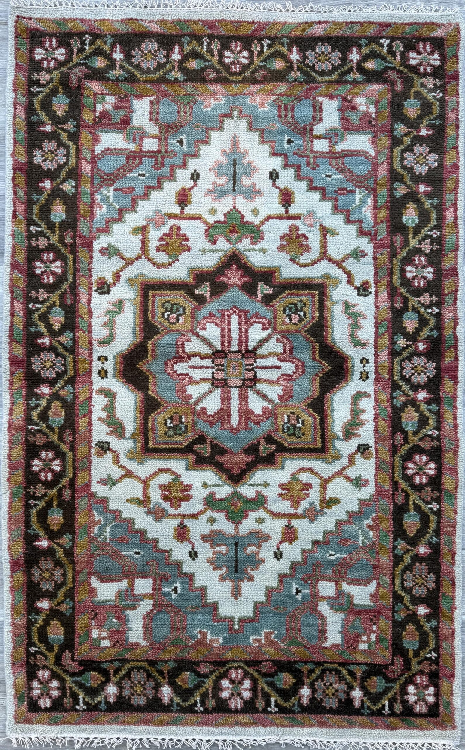 4×6 ft. Oushak Geometrical Rug: Village Made Wool Carpet Hand Knotted Bohemian Style