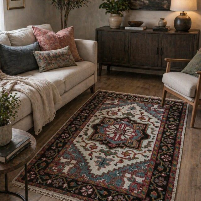 4×6 ft. Oushak Geometrical Rug: Village Made Wool Carpet Hand Knotted Bohemian Style