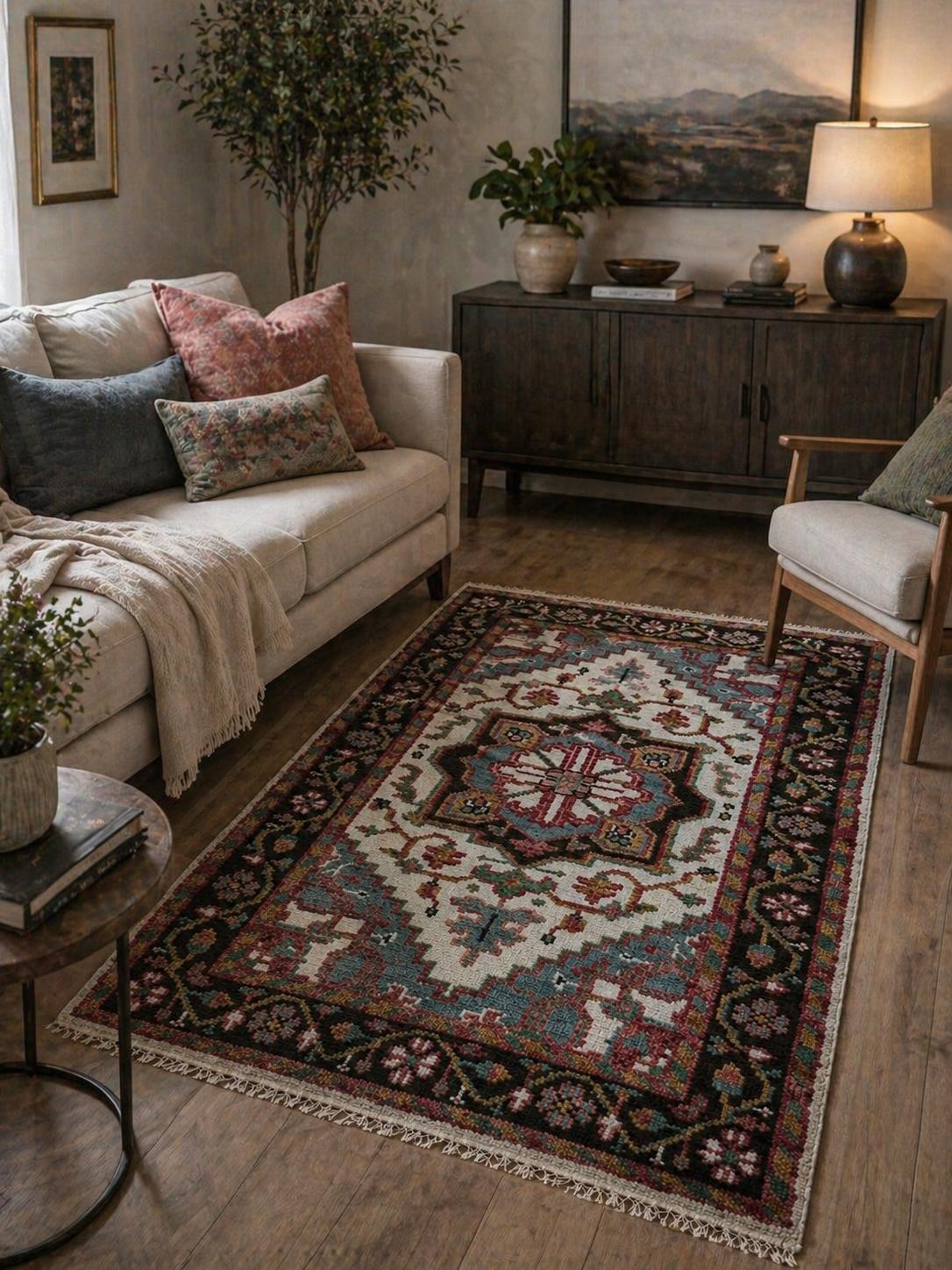 4×6 ft. Oushak Geometrical Rug: Village Made Wool Carpet Hand Knotted Bohemian Style
