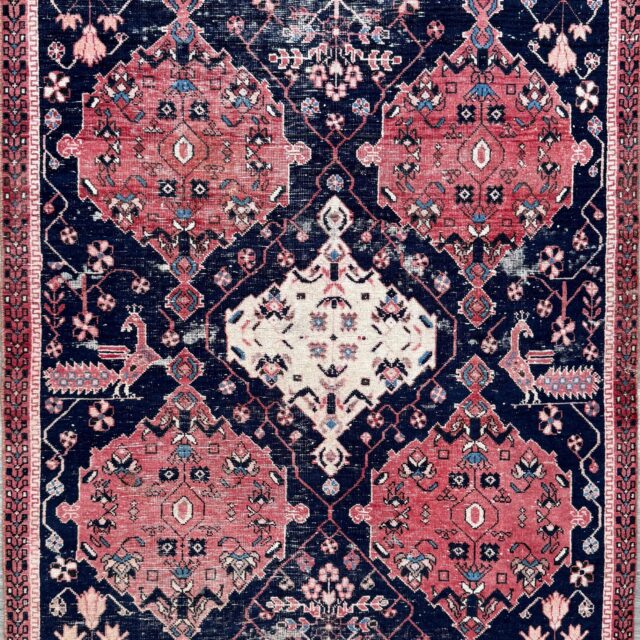 Vintage 4×5 ft – Distressed Wool Rug with Birds, Tribal Medallion, Navy Red Handmade Area Rug 1960s