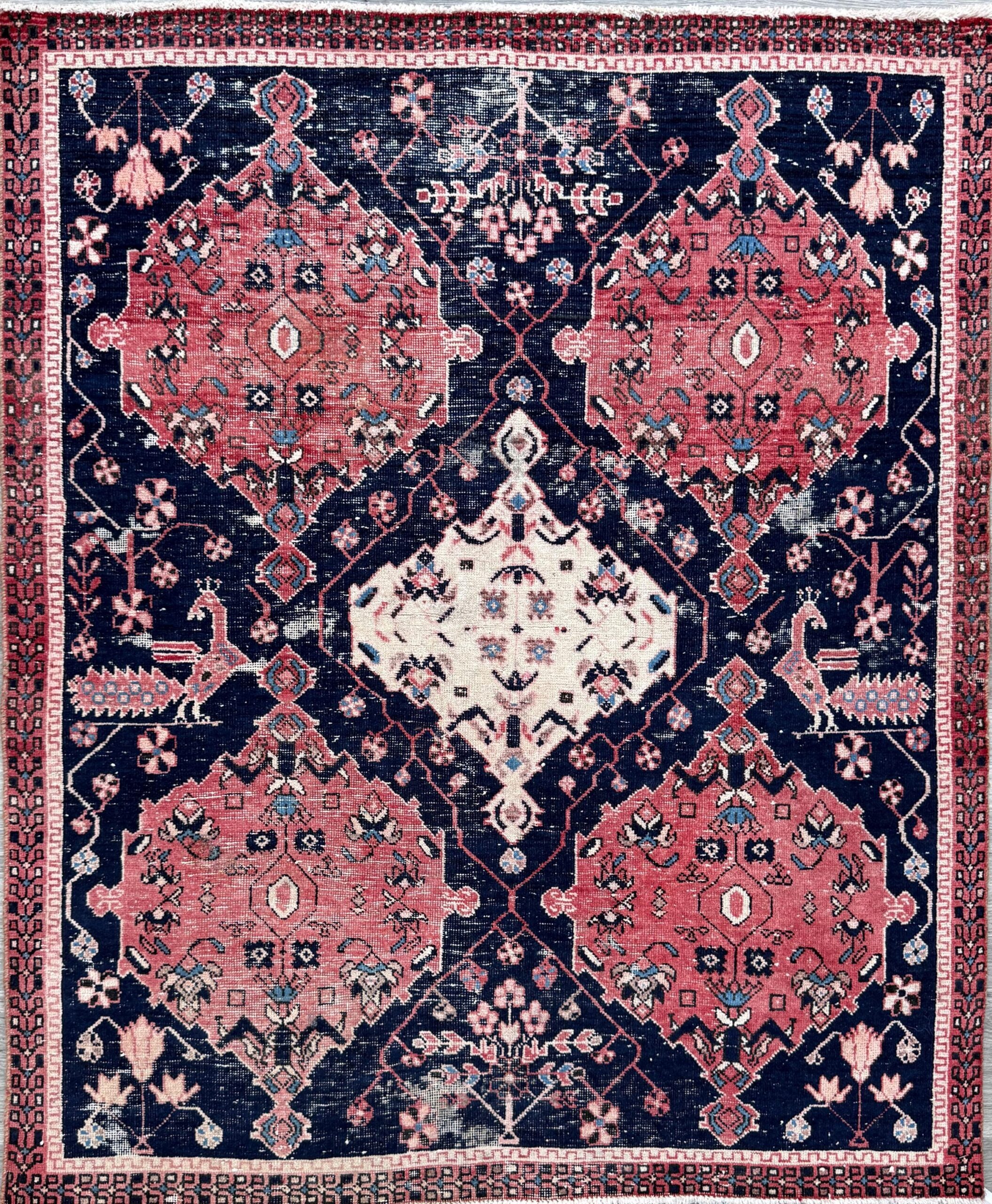 Vintage 4×5 ft – Distressed Wool Rug with Birds, Tribal Medallion, Navy Red Handmade Area Rug 1960s