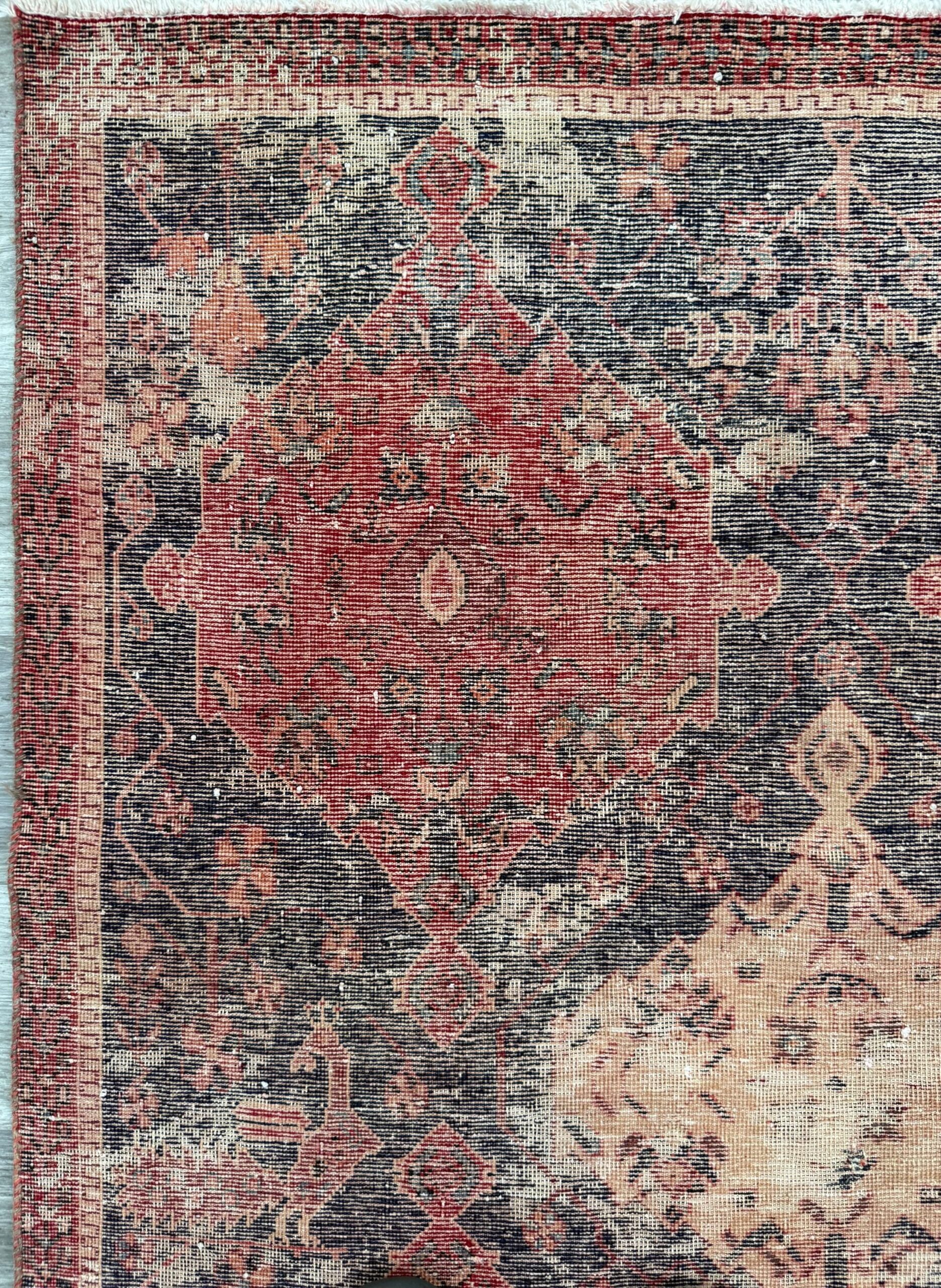 Vintage 4×5 ft – Distressed Wool Rug with Birds, Tribal Medallion, Navy Red Handmade Area Rug 1960s