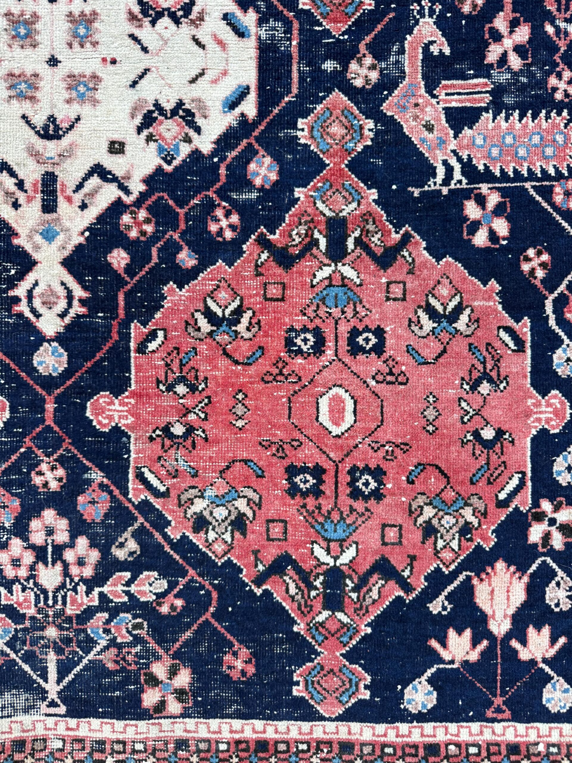 Vintage 4×5 ft – Distressed Wool Rug with Birds, Tribal Medallion, Navy Red Handmade Area Rug 1960s