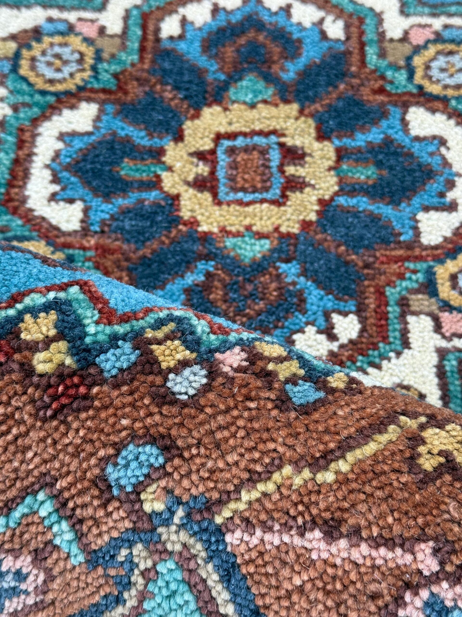 Blue Heriz Style 4×6 Rug, Hand Knotted Wool Turkish Medallion Carpet