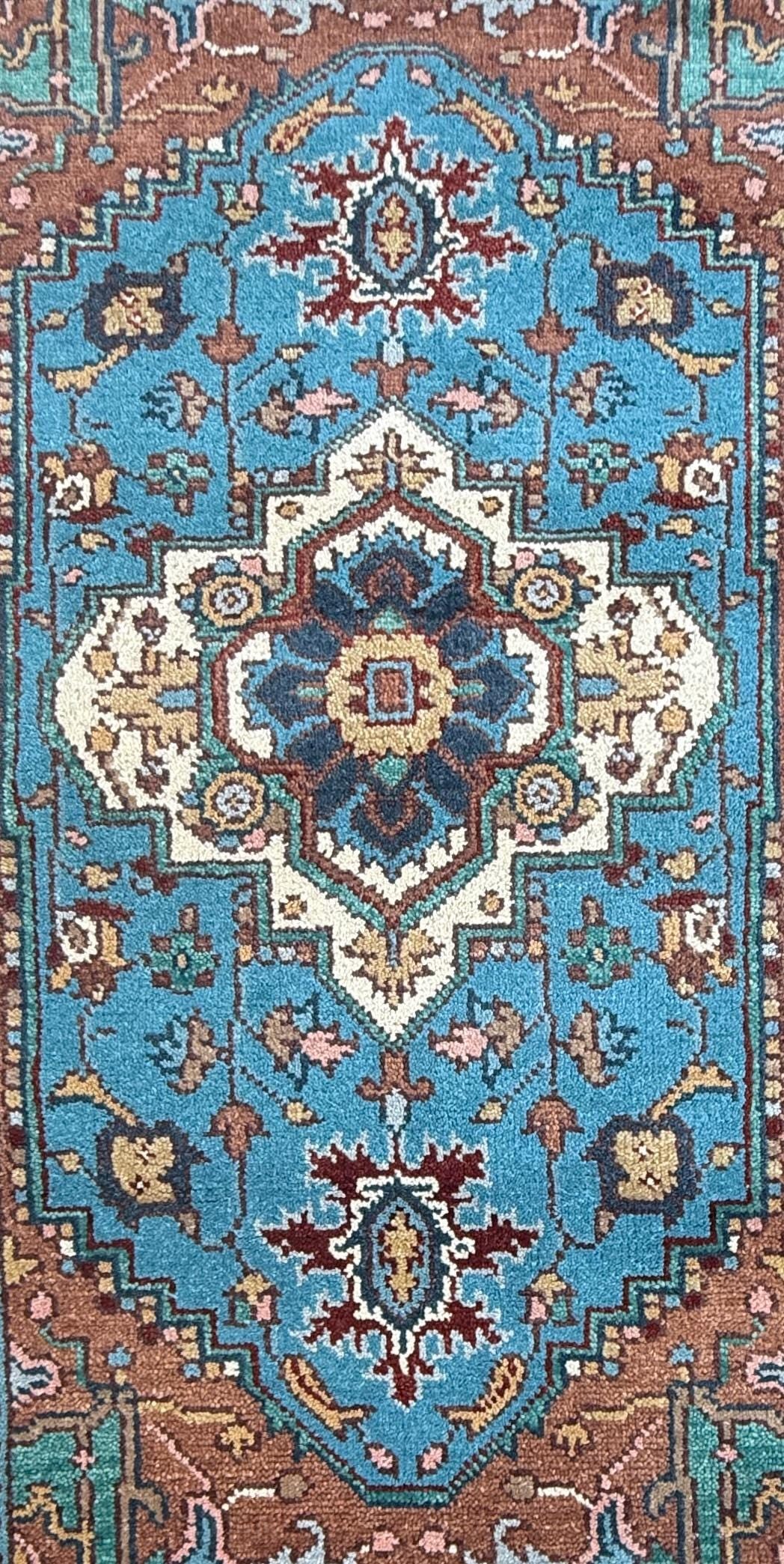 Blue Heriz Style 4×6 Rug, Hand Knotted Wool Turkish Medallion Carpet