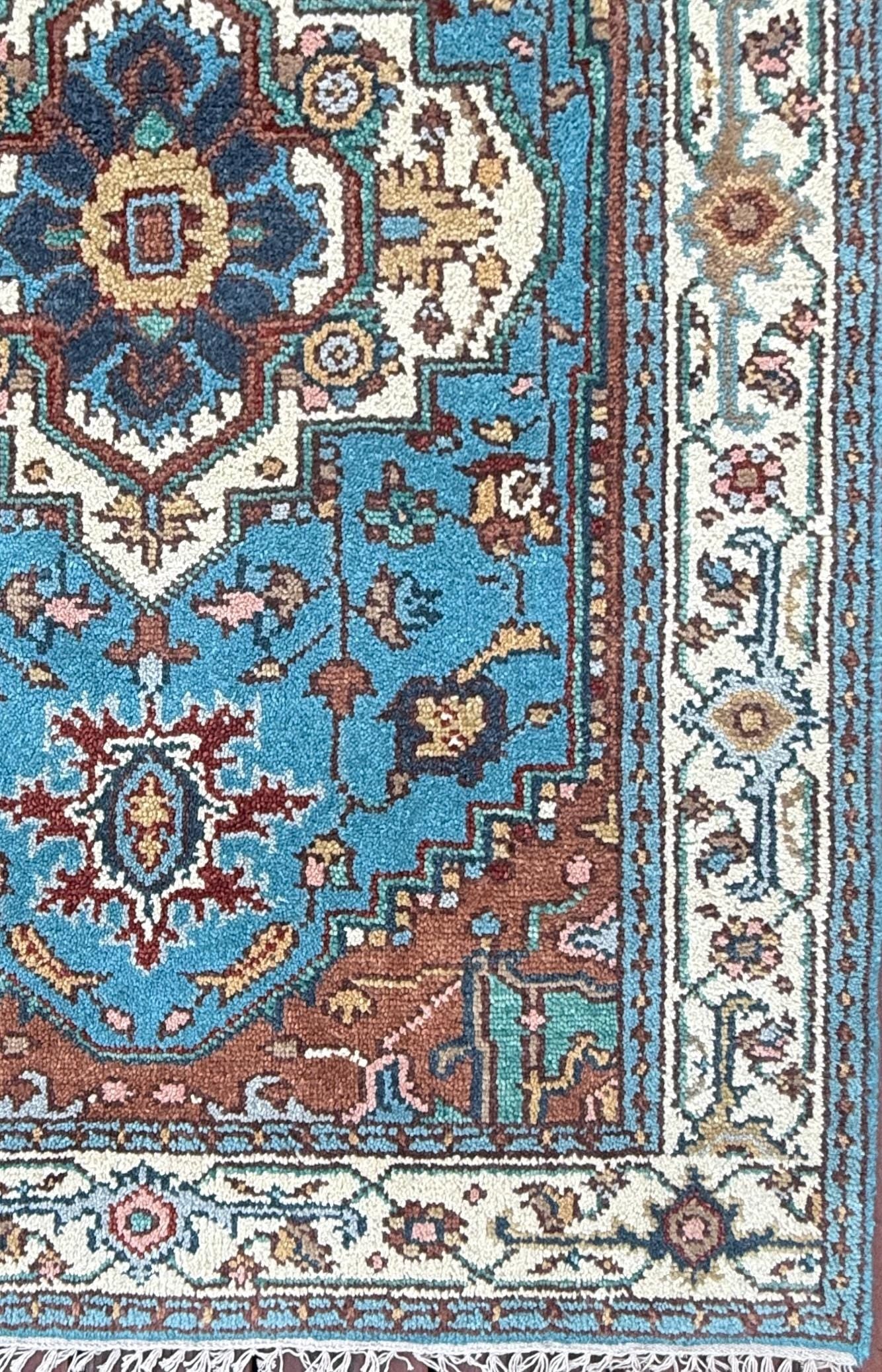 Blue Heriz Style 4×6 Rug, Hand Knotted Wool Turkish Medallion Carpet