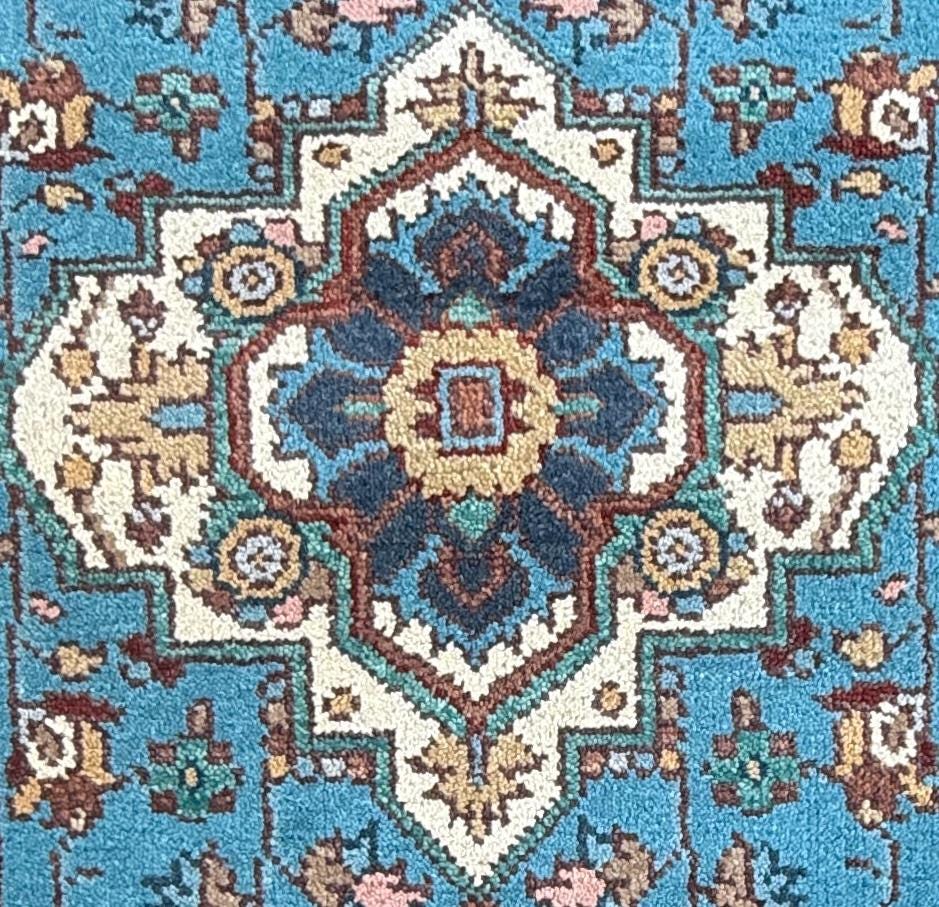 Blue Heriz Style 4×6 Rug, Hand Knotted Wool Turkish Medallion Carpet