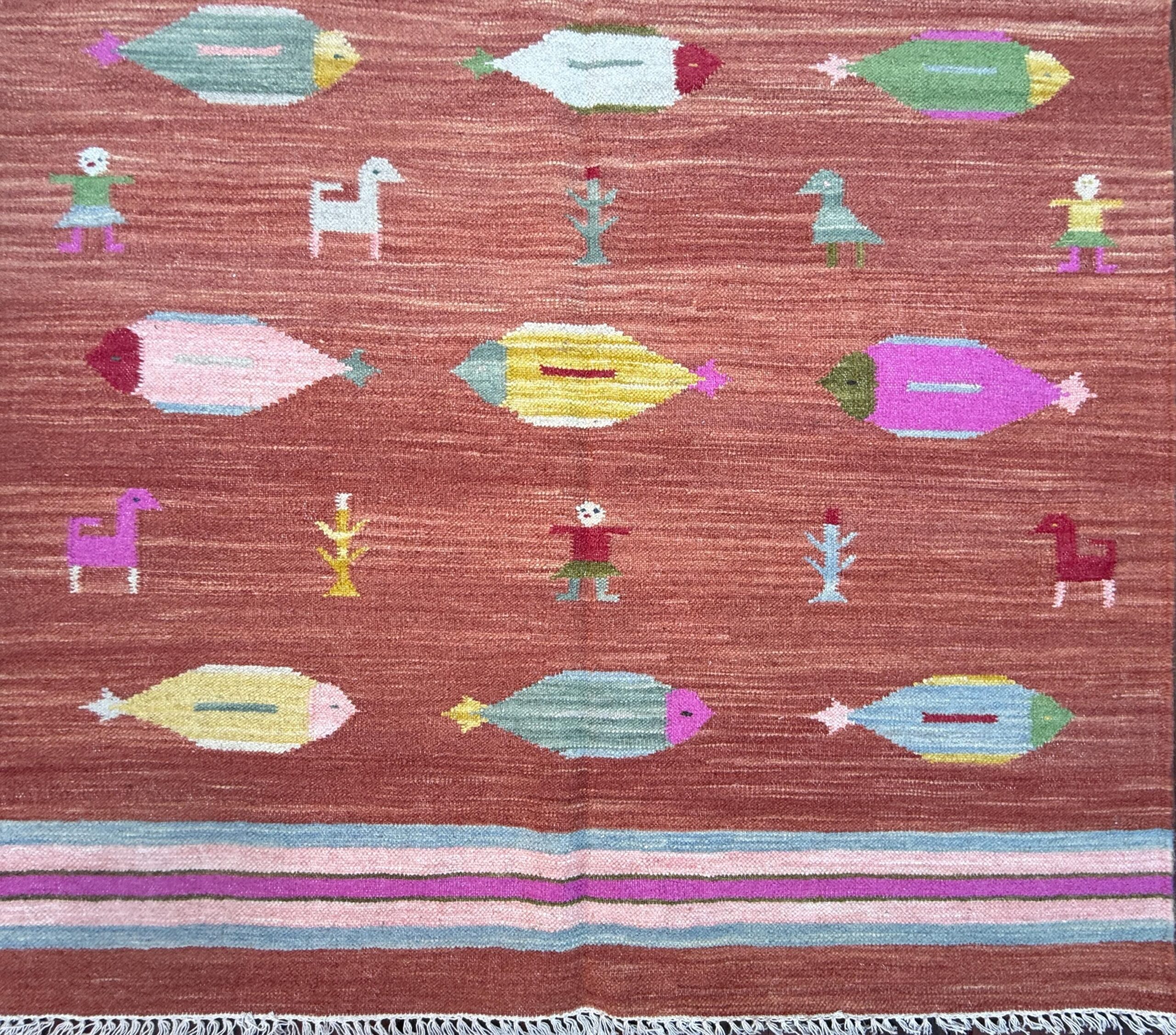 Modern Anatolian Kilim 5×8, Geometric Fish Design, Flatweave Wool Tribal, Boho Interior Accent
