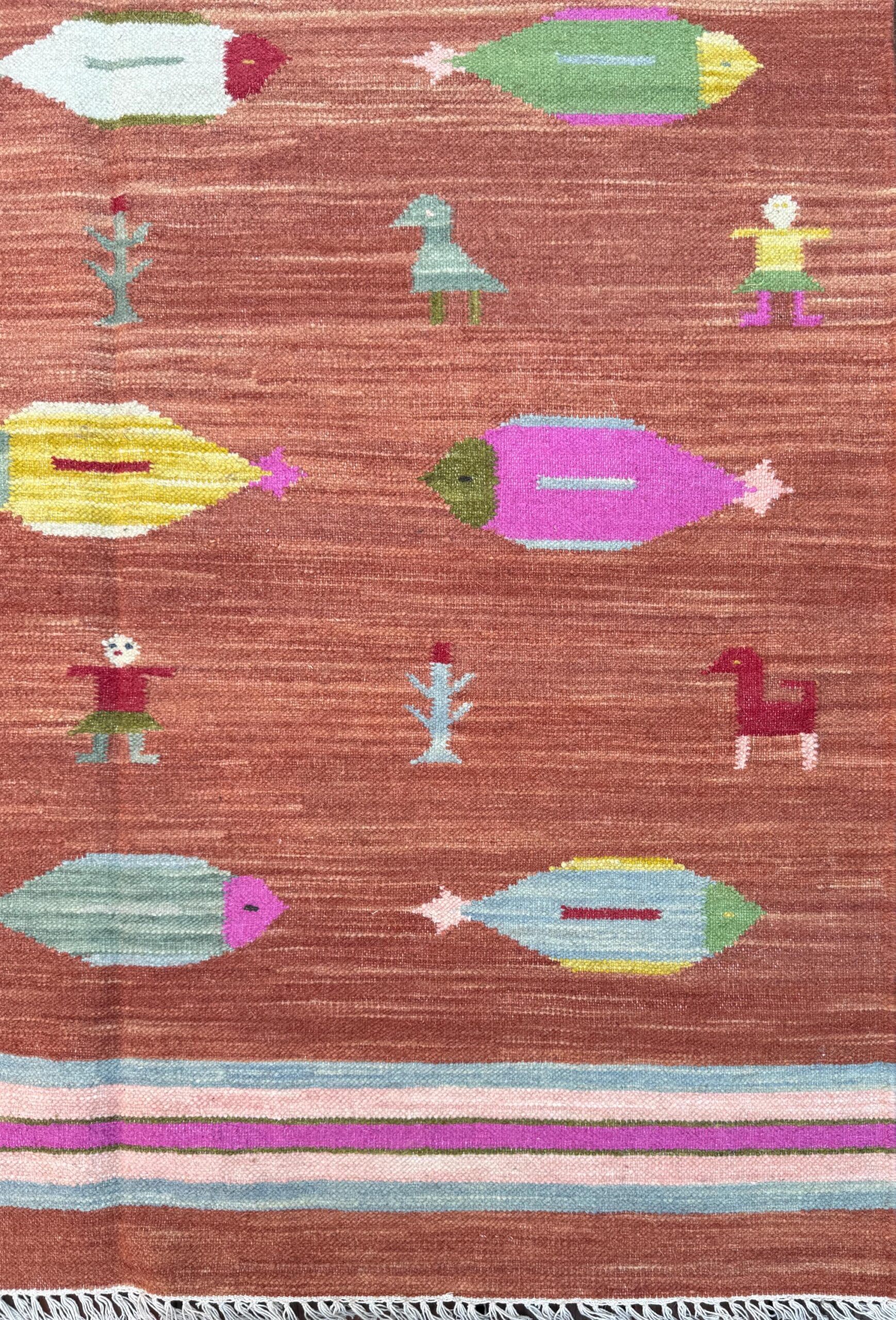 Modern Anatolian Kilim 5×8, Geometric Fish Design, Flatweave Wool Tribal, Boho Interior Accent