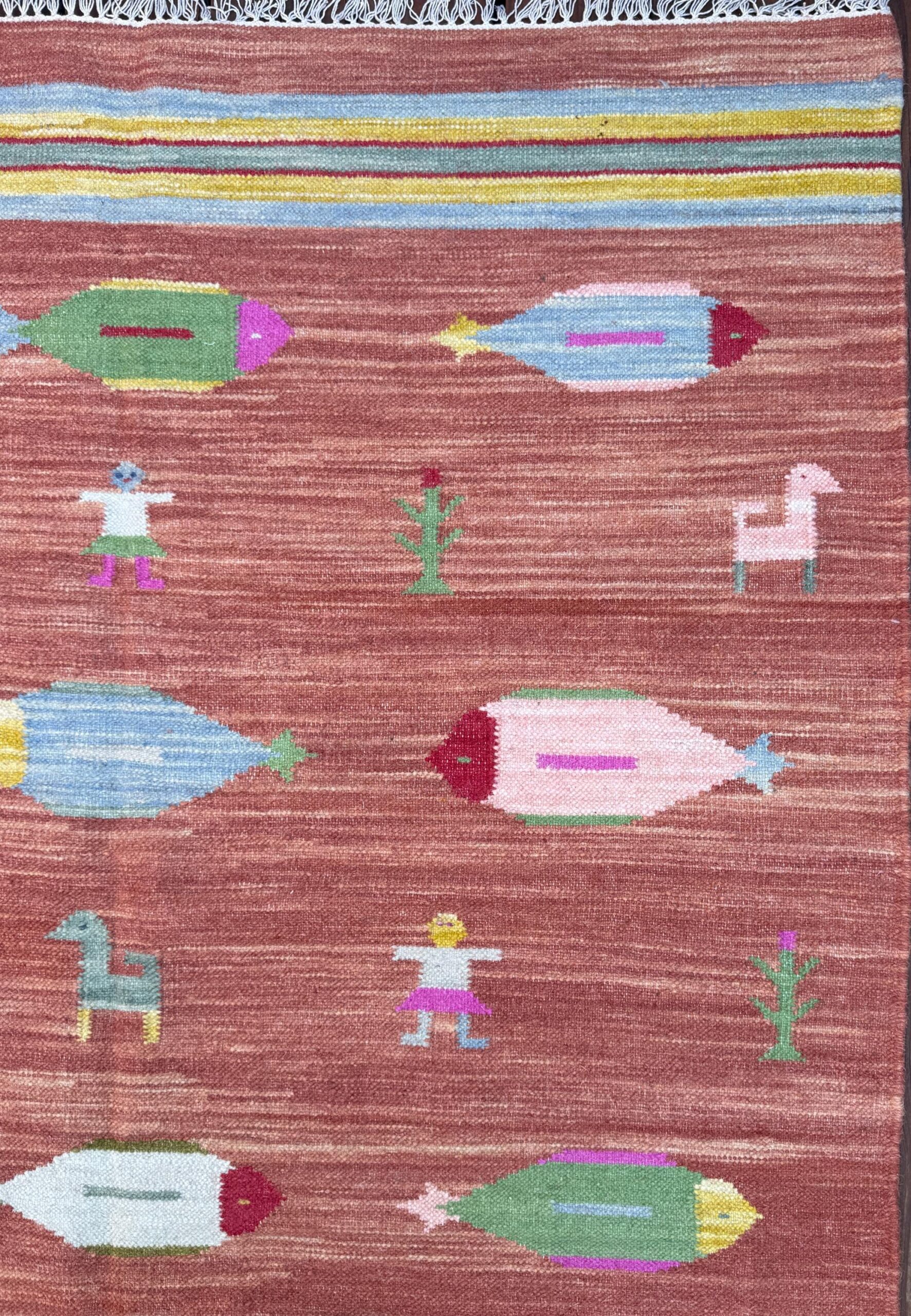 Modern Anatolian Kilim 5×8, Geometric Fish Design, Flatweave Wool Tribal, Boho Interior Accent