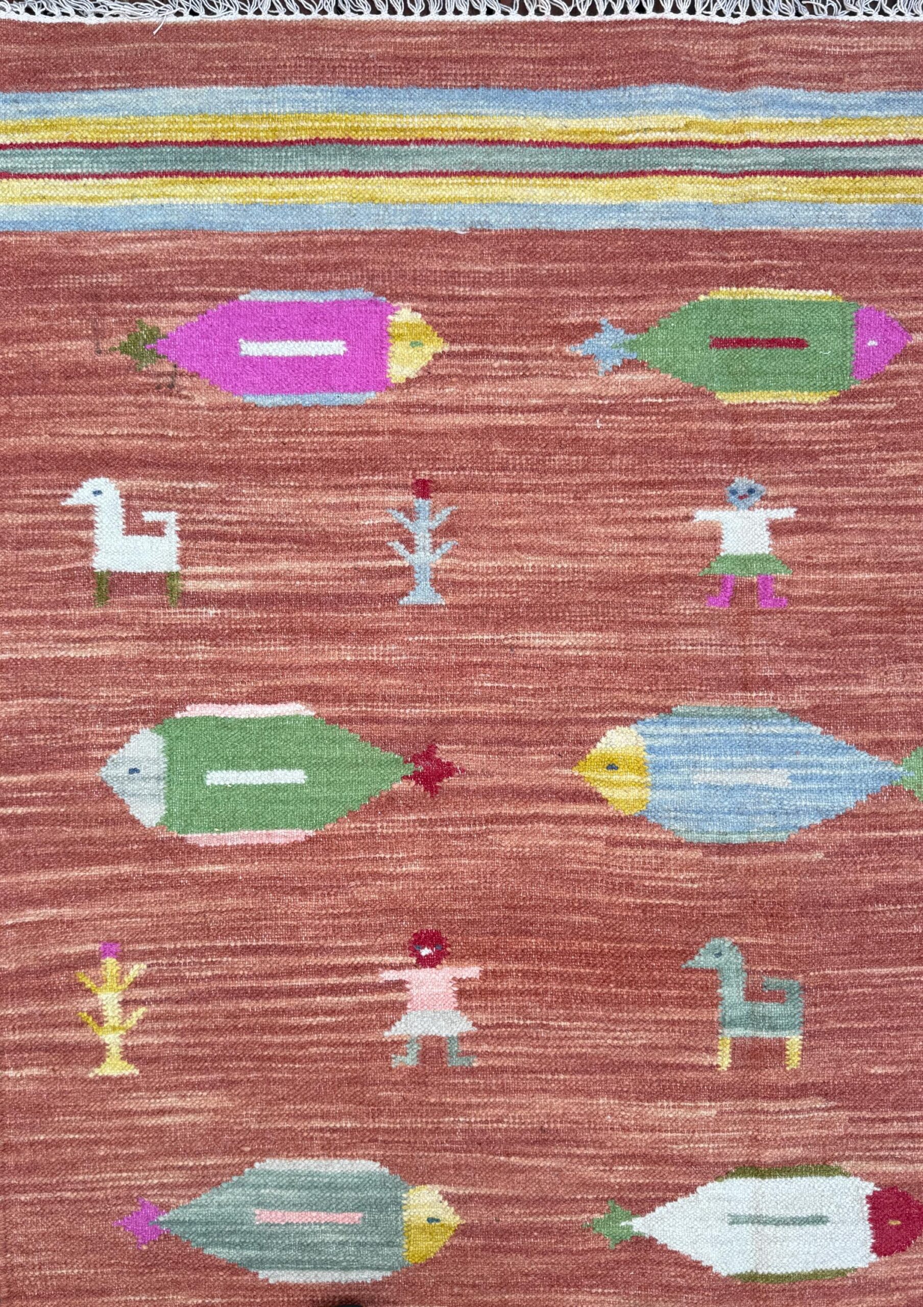 Modern Anatolian Kilim 5×8, Geometric Fish Design, Flatweave Wool Tribal, Boho Interior Accent