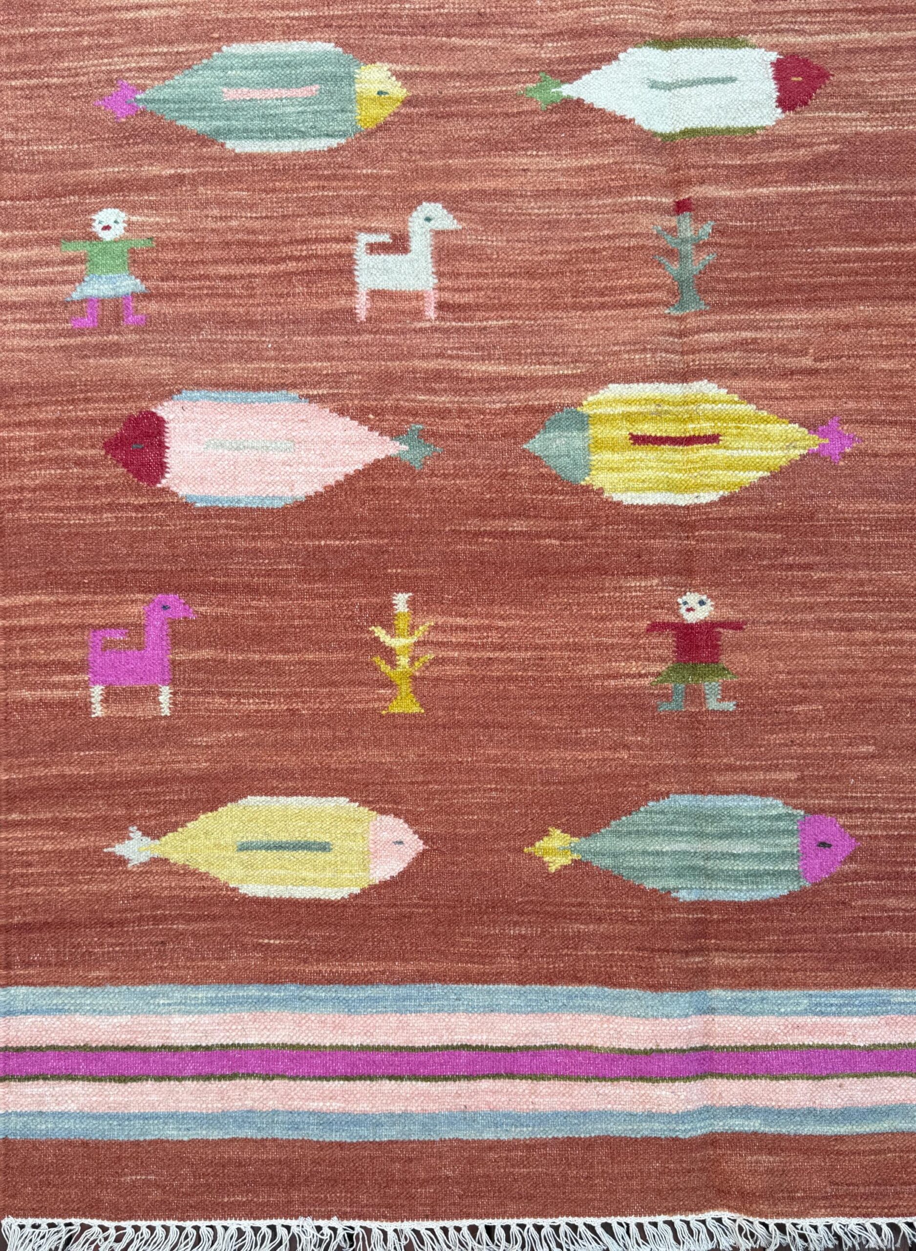 Modern Anatolian Kilim 5×8, Geometric Fish Design, Flatweave Wool Tribal, Boho Interior Accent