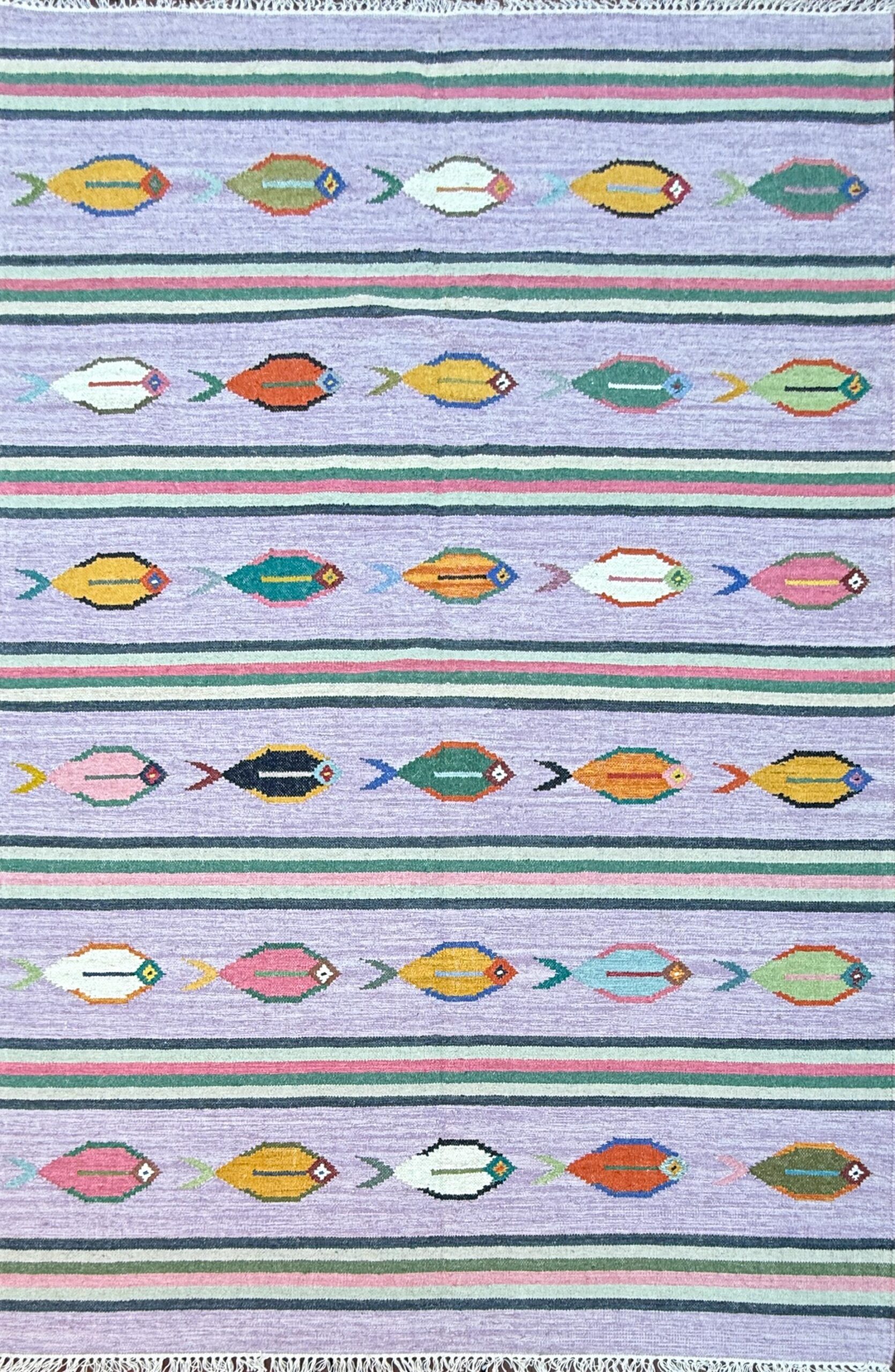 Modern Anatolian Kilim 6×9, Flatweave Wool Fish Design, Handmade Geometric Boho Area Rug