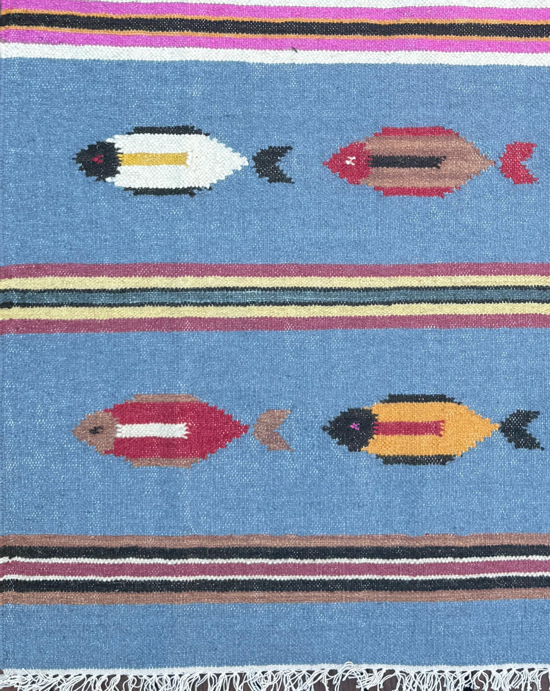 Turkish Kilim 4×6, Tree of Life Fish Design, Handmade Wool Bohemian Flatweave Accent Rug