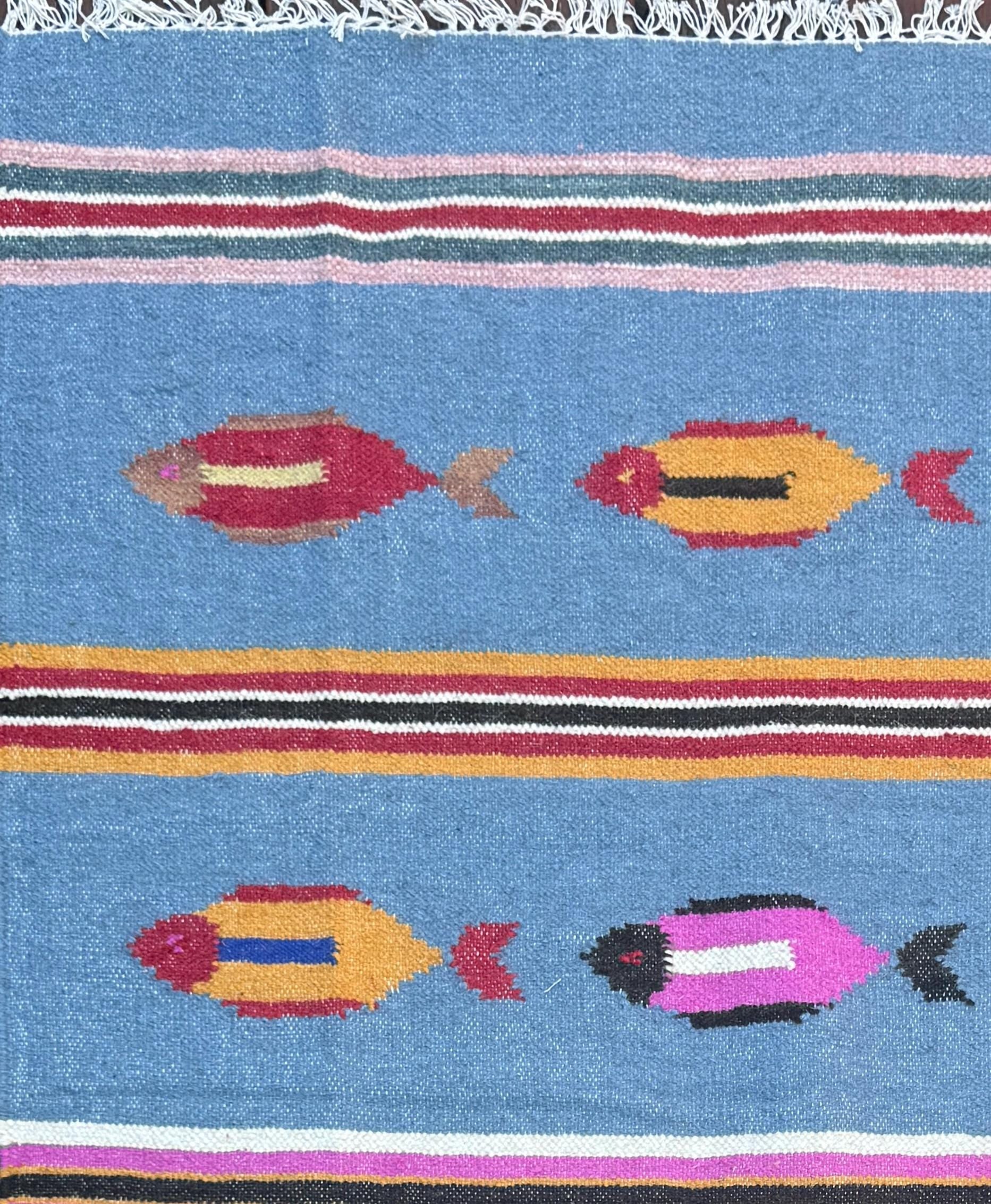 Turkish Kilim 4×6, Tree of Life Fish Design, Handmade Wool Bohemian Flatweave Accent Rug