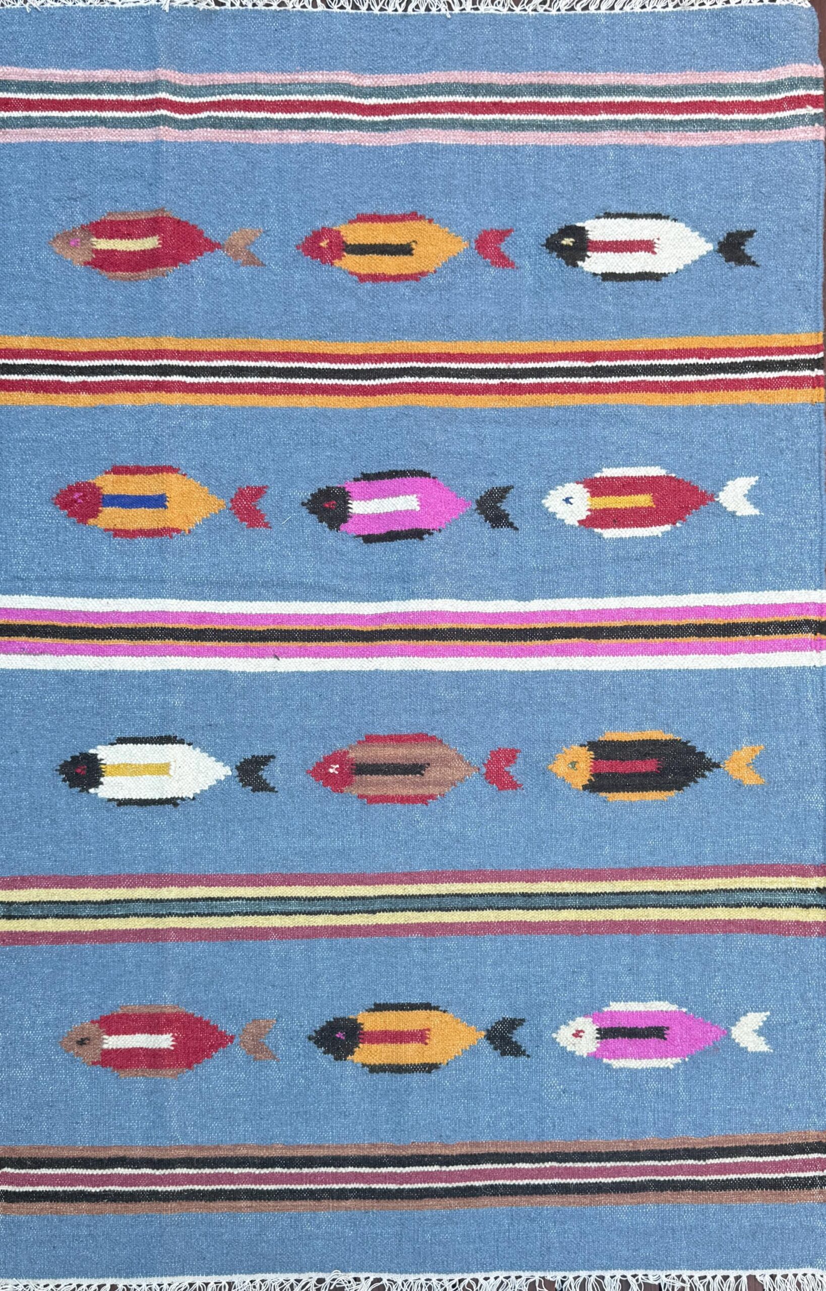Turkish Kilim 4×6, Tree of Life Fish Design, Handmade Wool Bohemian Flatweave Accent Rug