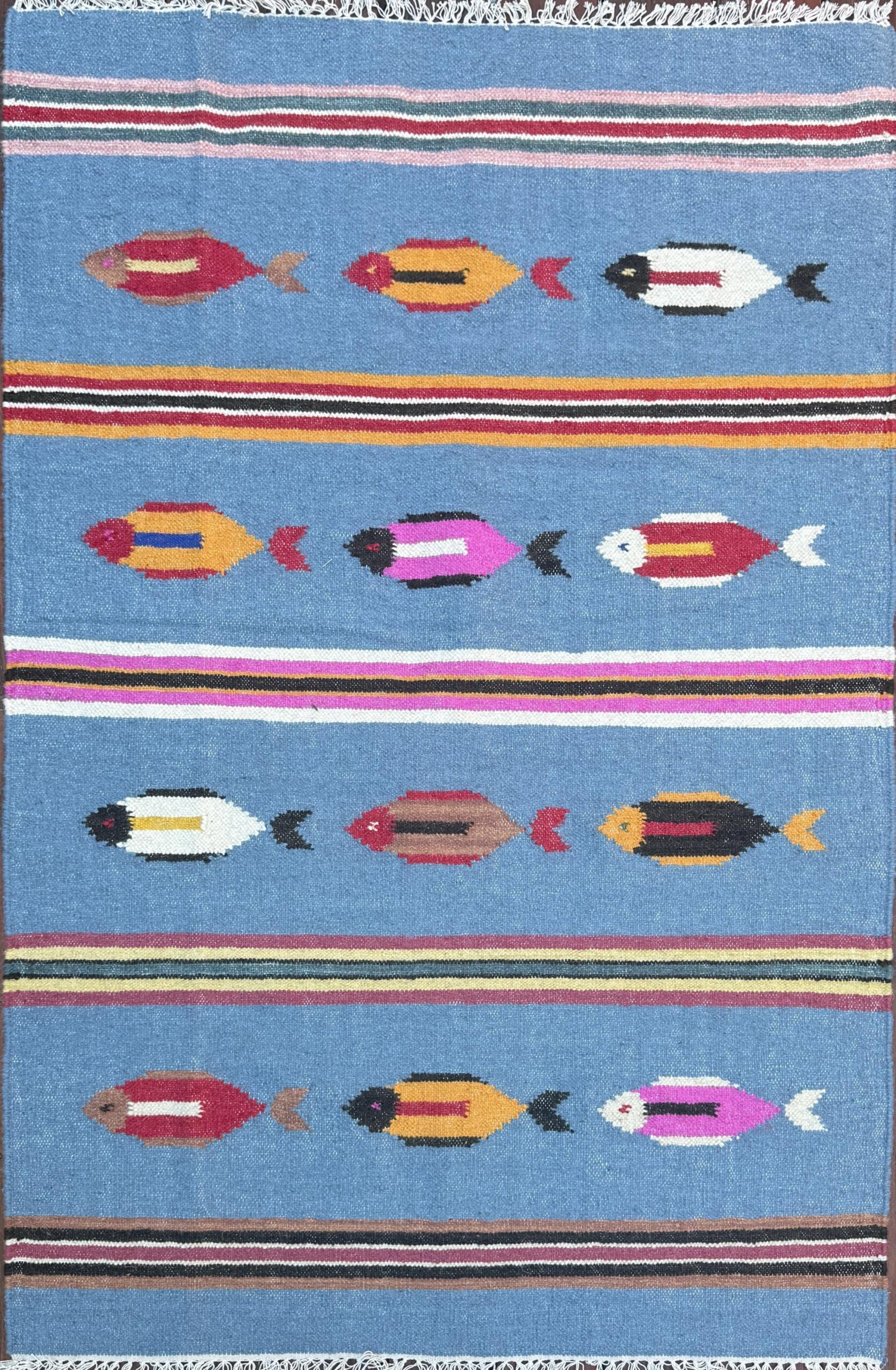 Turkish Kilim 4×6, Tree of Life Fish Design, Handmade Wool Bohemian Flatweave Accent Rug