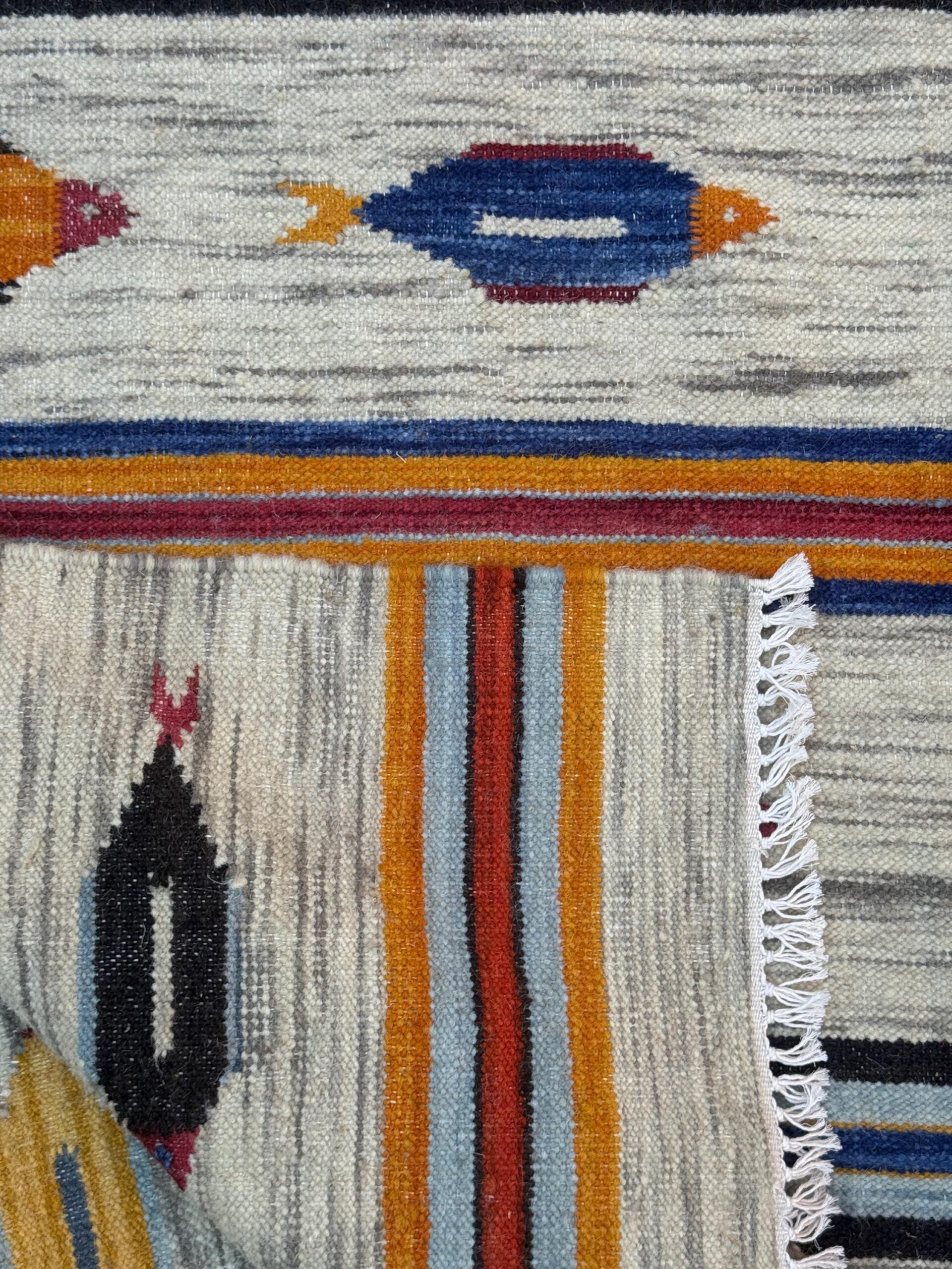 Turkish Kilim 4×6, Fish Design Wool Bohemian Accent Rug, Handmade Anatolian Geometric Flatweave