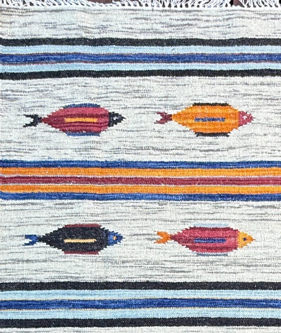 Turkish Kilim 4×6, Fish Design Wool Bohemian Accent Rug, Handmade Anatolian Geometric Flatweave