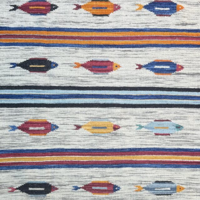 Turkish Kilim 4×6, Fish Design Wool Bohemian Accent Rug, Handmade Anatolian Geometric Flatweave