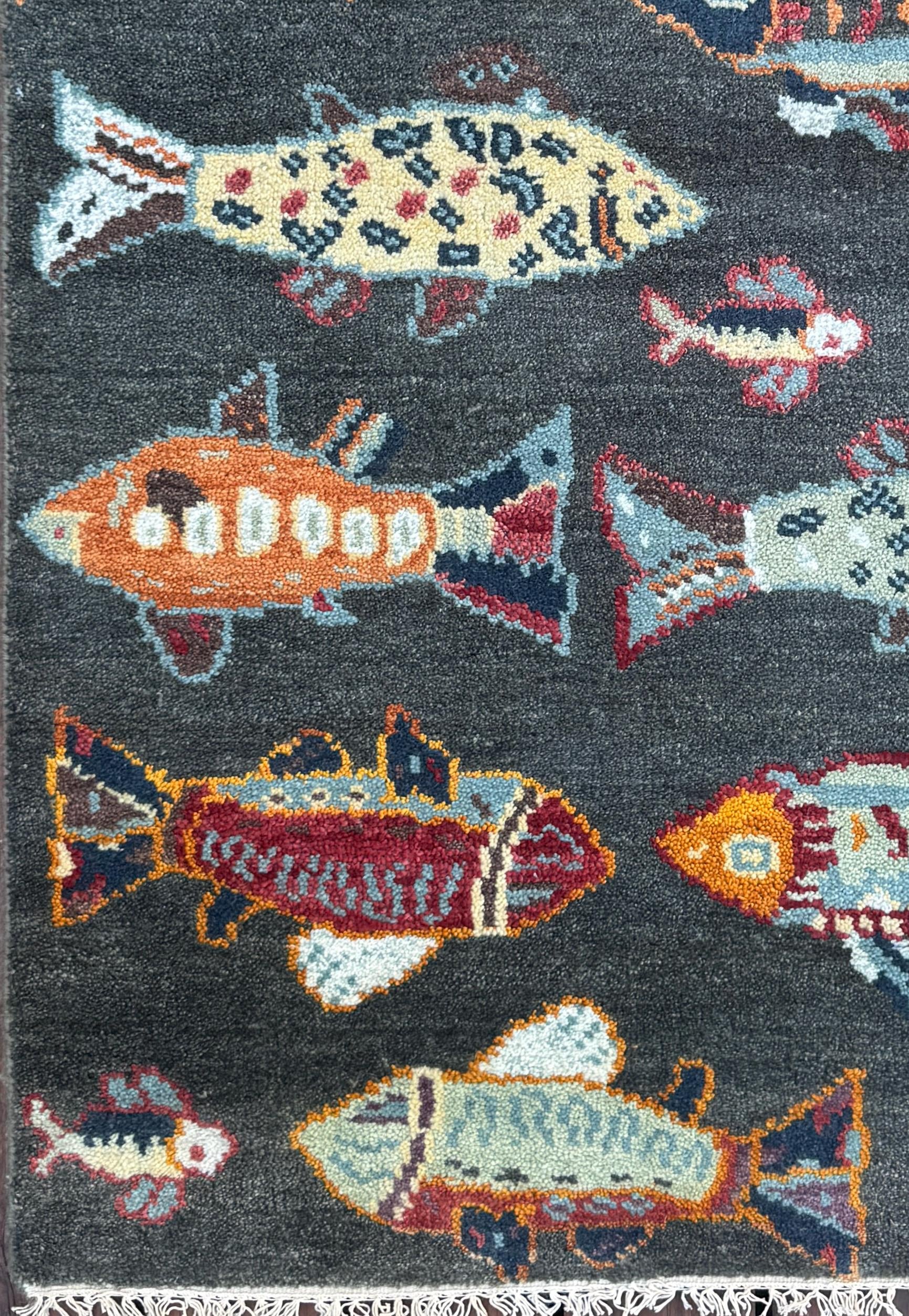 Modern Turkish Fish Design Rug 3×5.1, Hand Knotted Wool Sea Animal Pattern, Bohemian Accent