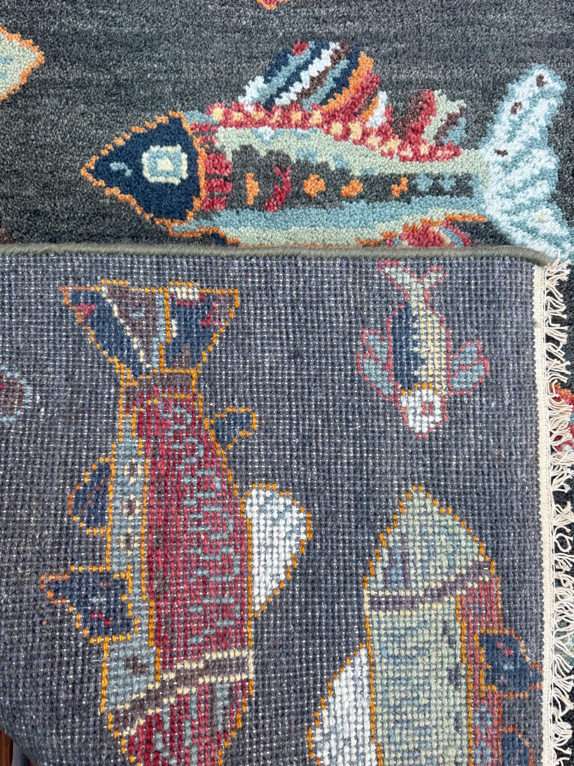 Modern Turkish Fish Design Rug 3×5.1, Hand Knotted Wool Sea Animal Pattern, Bohemian Accent