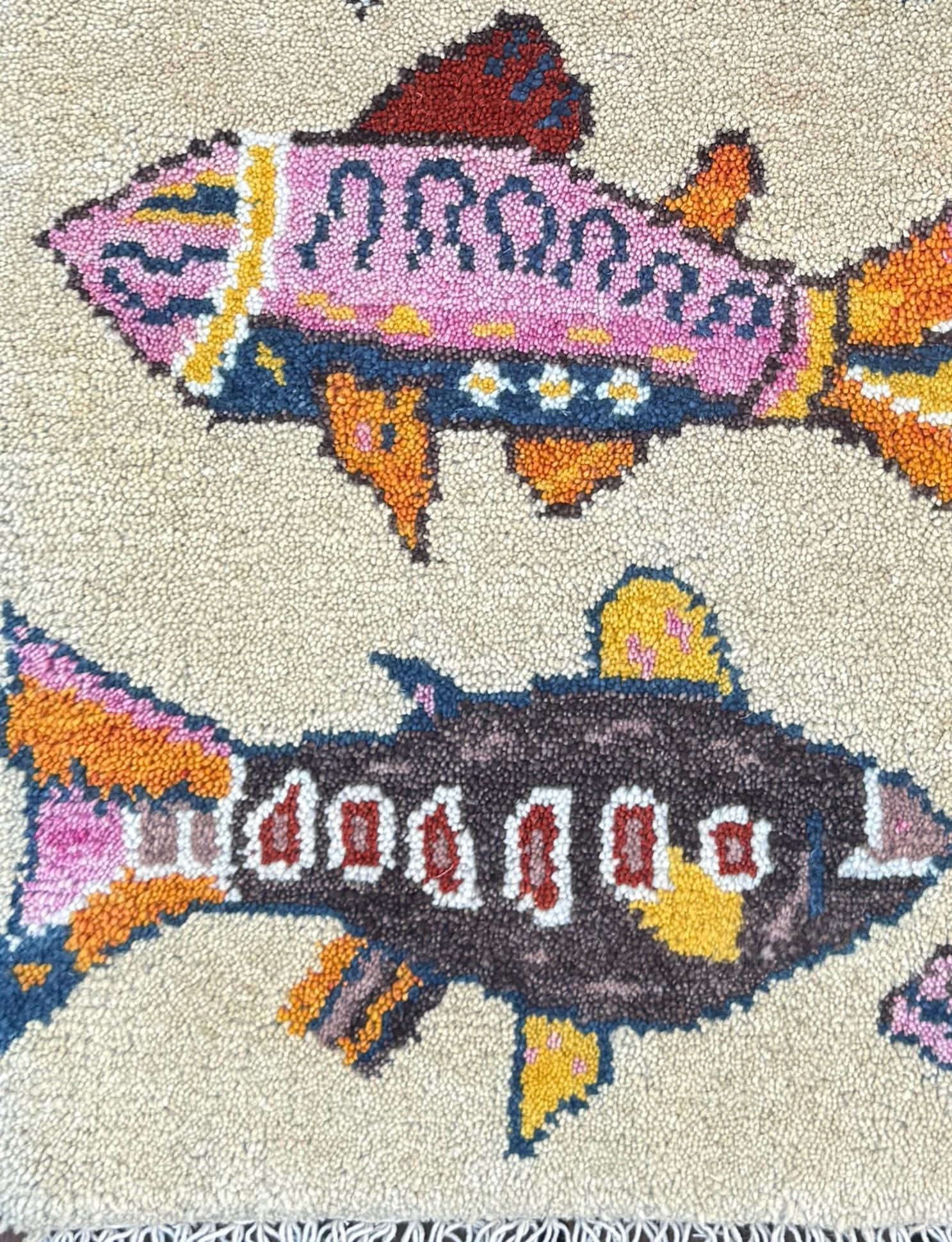 Turkish Fish Design Rug 2×3, Handmade Wool Bohemian Oushak Inspired Accent