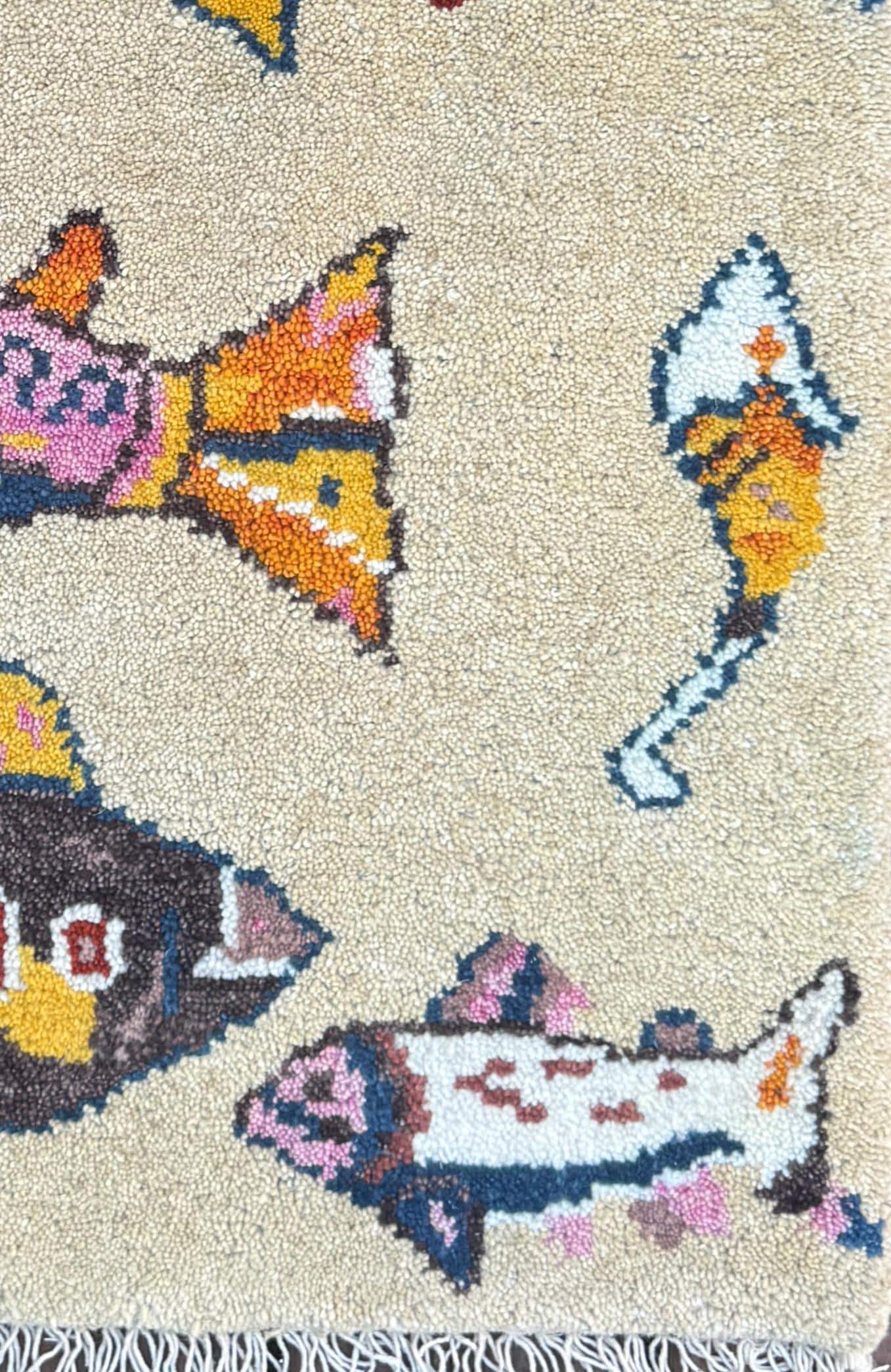 Turkish Fish Design Rug 2×3, Handmade Wool Bohemian Oushak Inspired Accent