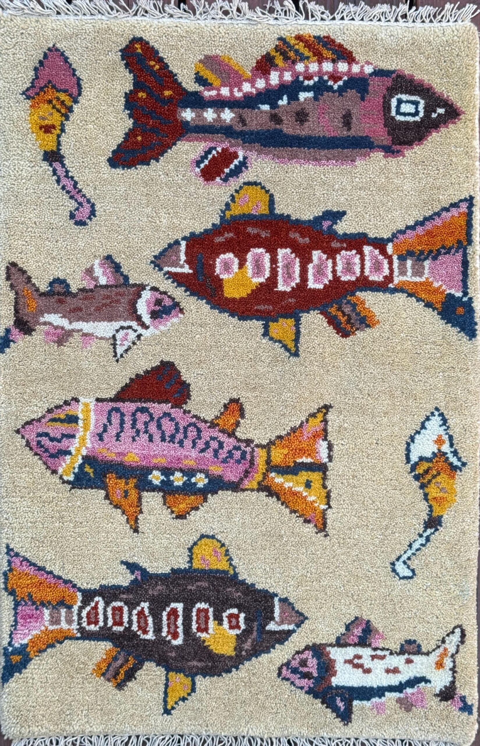 Turkish Fish Design Rug 2×3, Handmade Wool Bohemian Oushak Inspired Accent