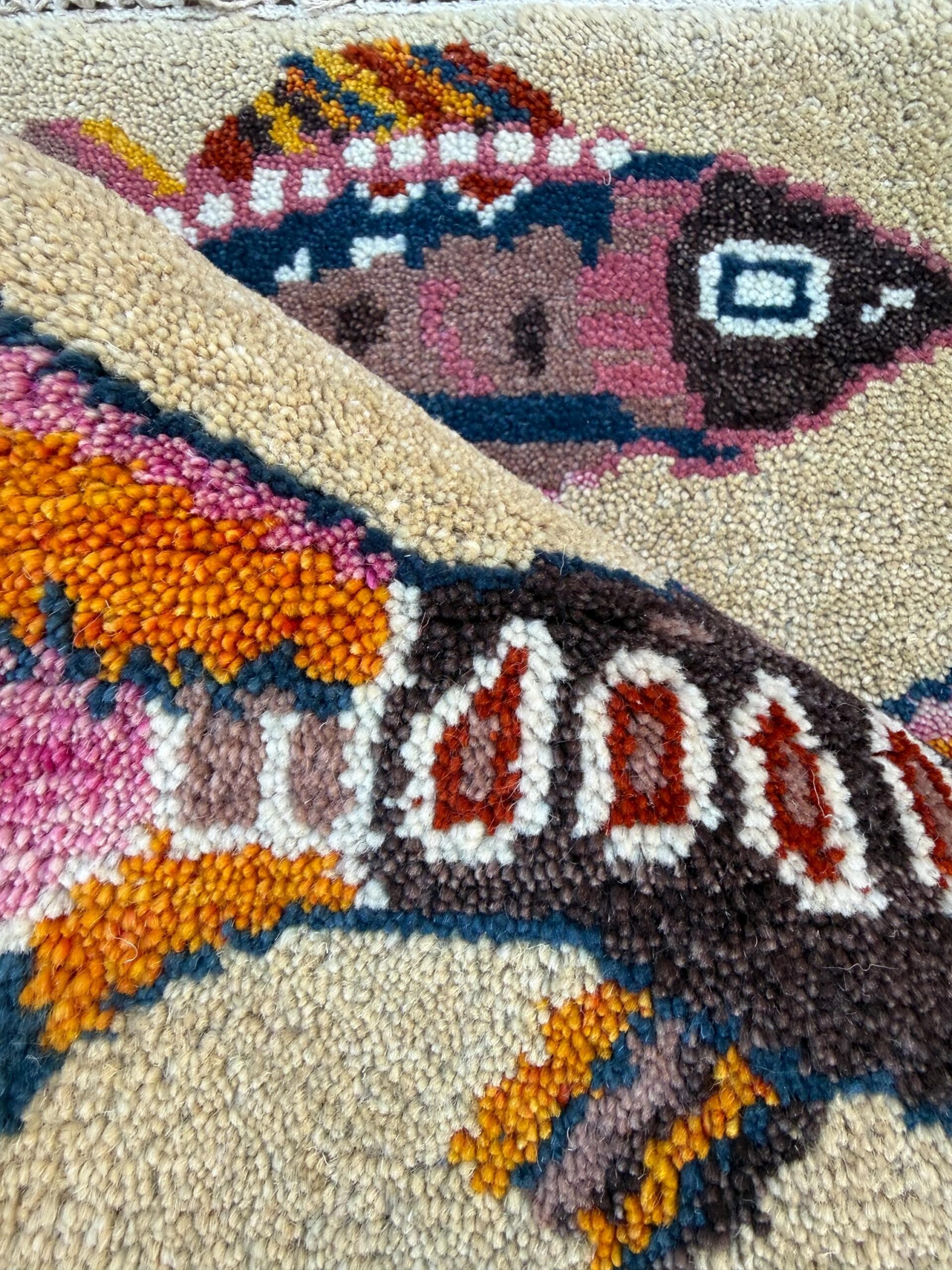 Turkish Fish Design Rug 2×3, Handmade Wool Bohemian Oushak Inspired Accent