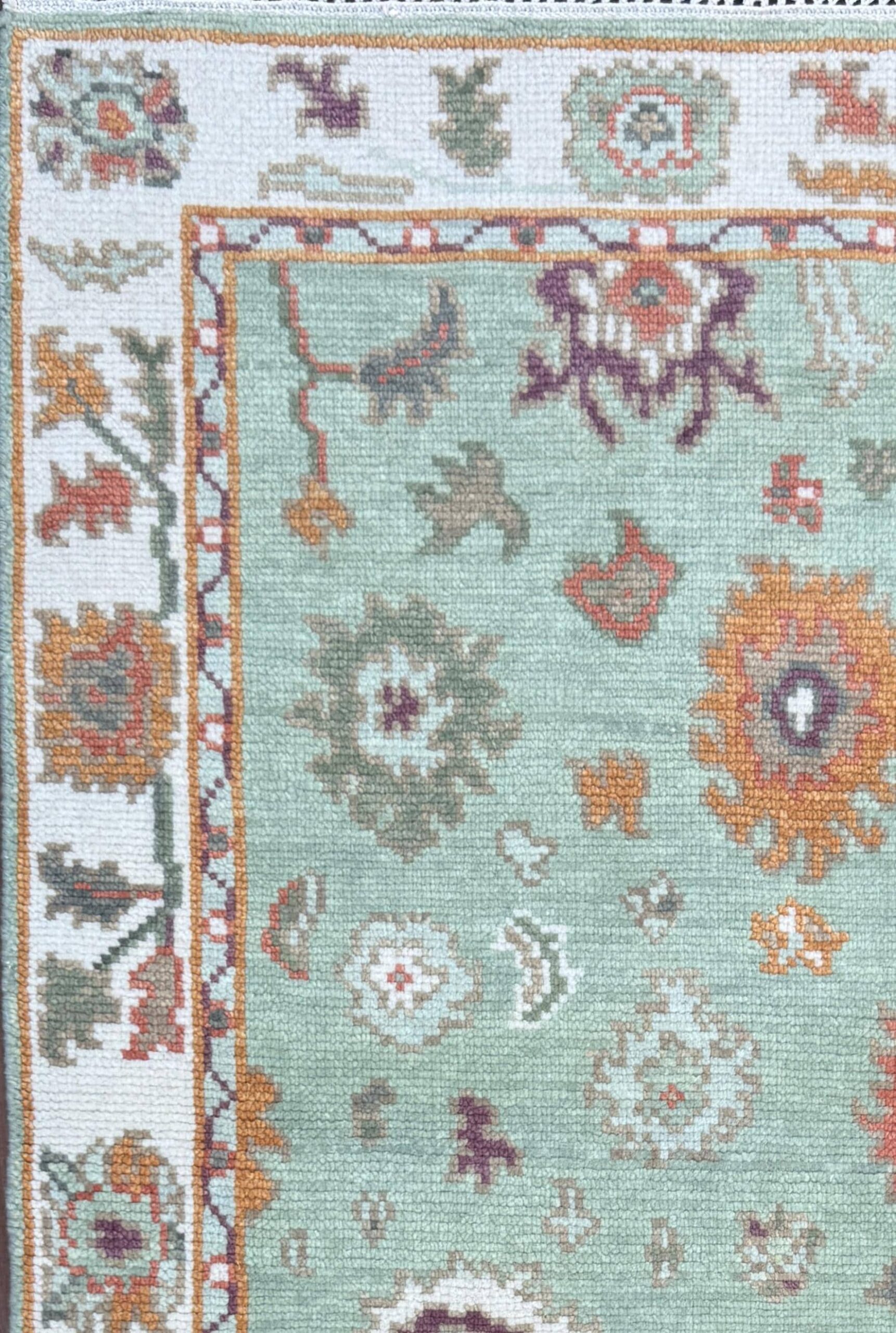 Turkish Oushak Style Rug 3×5, Sage Green Wool Bohemian Accent, Handmade Geometric Design
