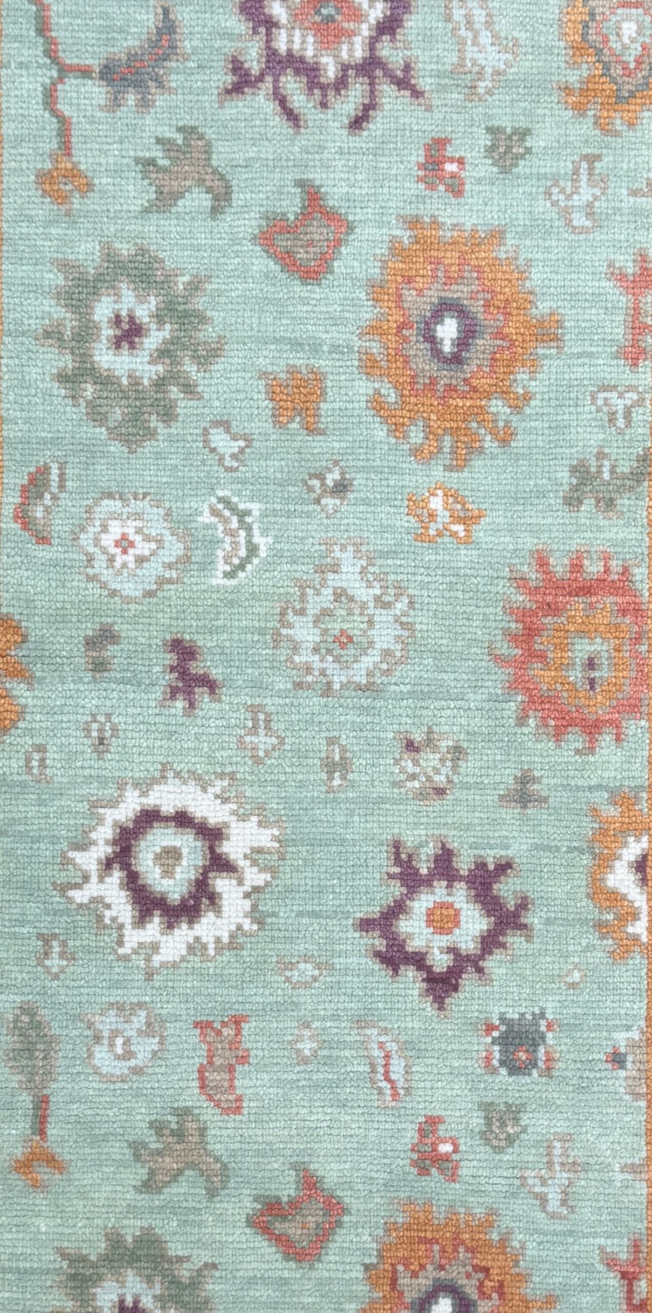 Turkish Oushak Style Rug 3×5, Sage Green Wool Bohemian Accent, Handmade Geometric Design