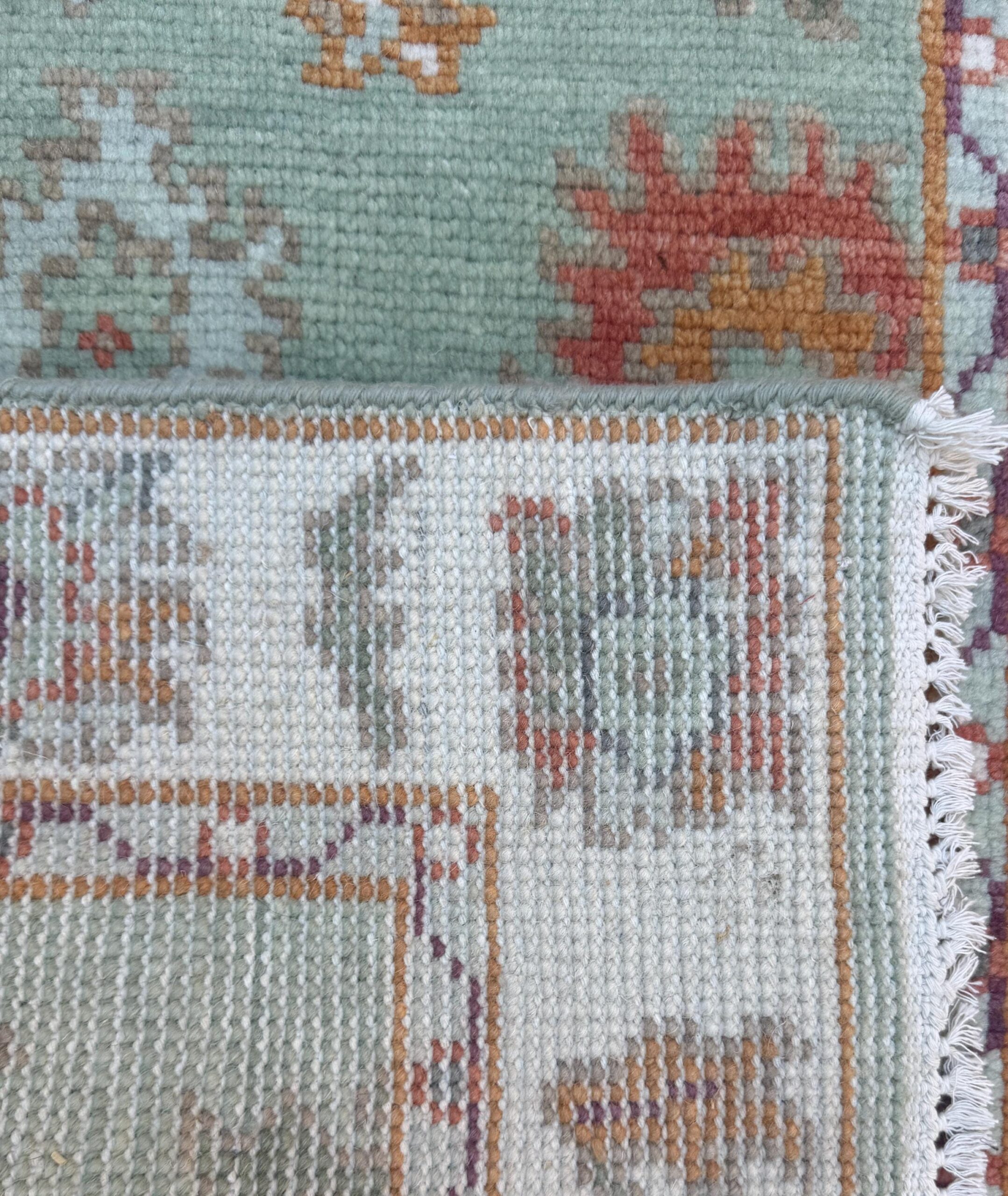 Turkish Oushak Style Rug 3×5, Sage Green Wool Bohemian Accent, Handmade Geometric Design