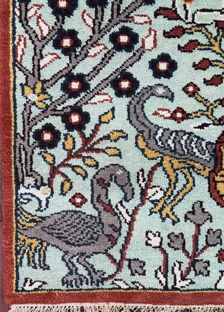 Turkish Oushak Style Runner 2.6×8.1, Tree of Life Bird Design, Handmade Wool Bohemian Accent Rug