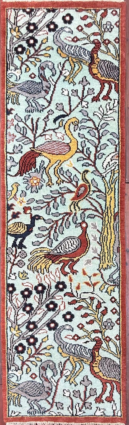 Turkish Oushak Style Runner 2.6×8.1, Tree of Life Bird Design, Handmade Wool Bohemian Accent Rug
