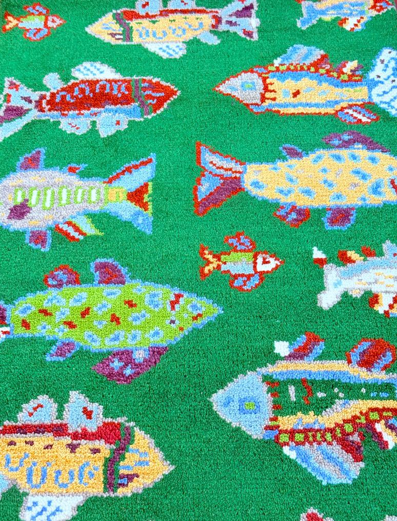 Turkish Fish Runner 2.5×8, Green Wool Sea Animal Design, Handmade Bohemian Hallway Rug